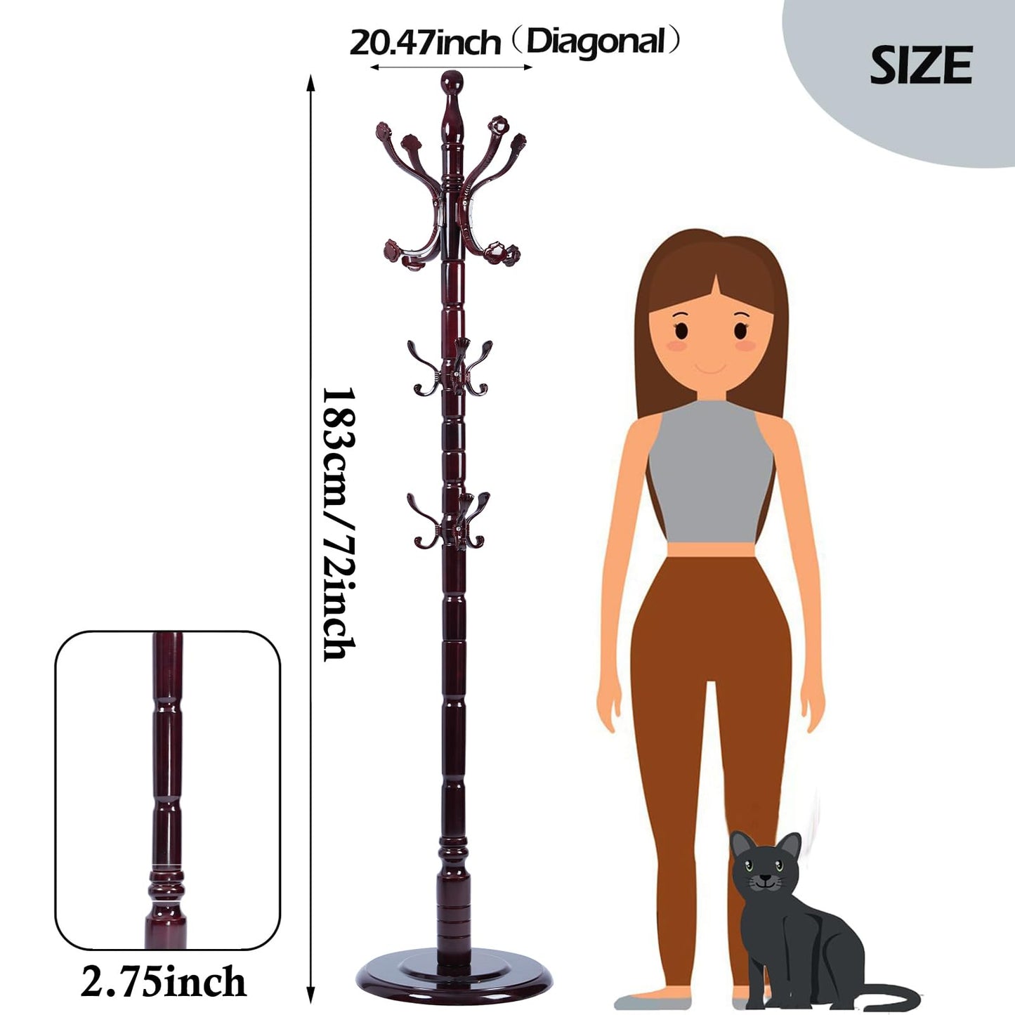 Sauqzoh Coat Racks Free Standing with 14 Hooks, Natural Wood Coat Stands for Entryway, Adjustable Height 72 in Tree Coat Rack Stand for Hallway Home Office Bedroom (Mahogany Ruyi)