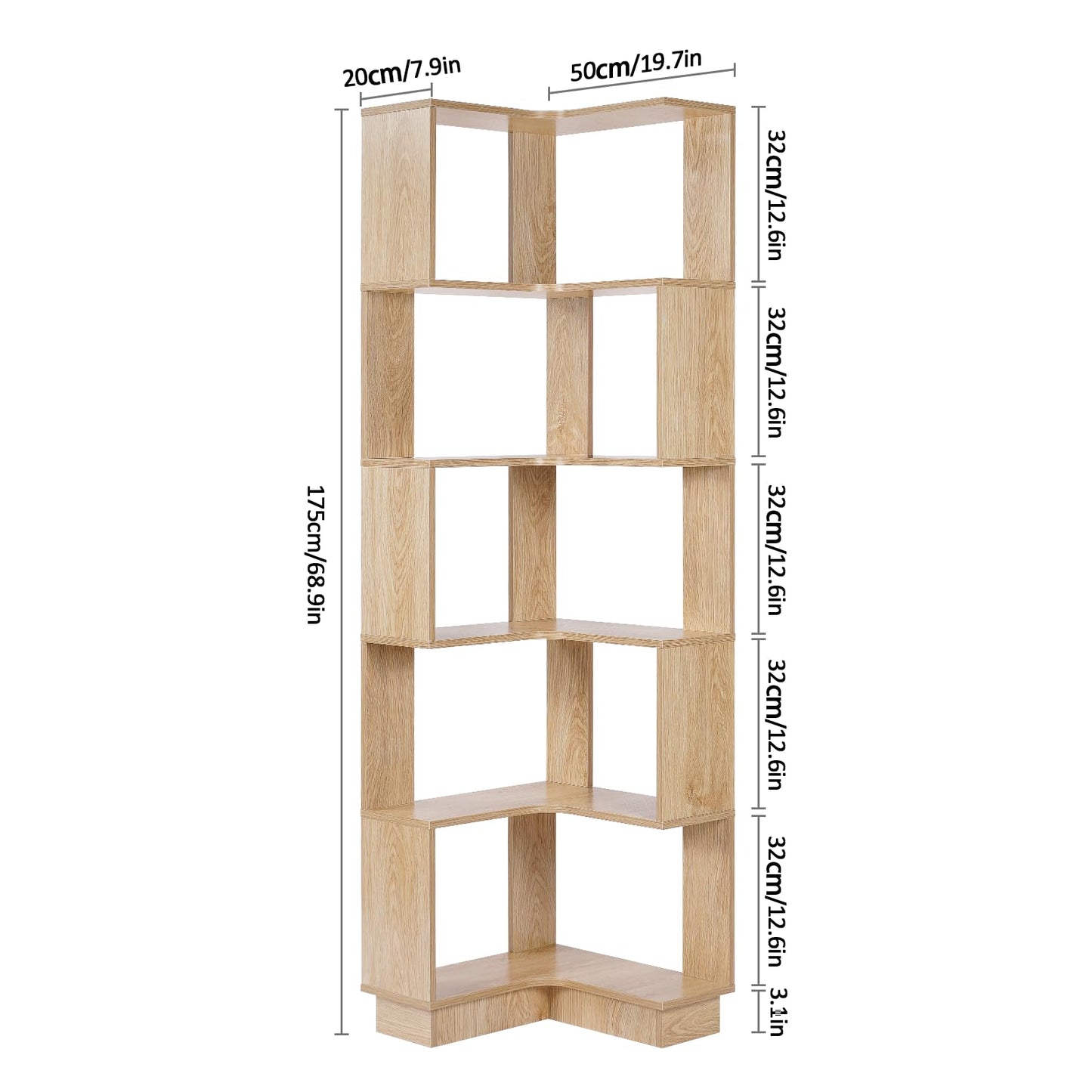 GOOFCXO Wooden Corner Bookcase, 5 Tiers Corner Bookshelf 68.9" L-Shaped Storage Display Rack Tall Large Open Bookshelf with Fixture for Living Room Bedroom Study Office