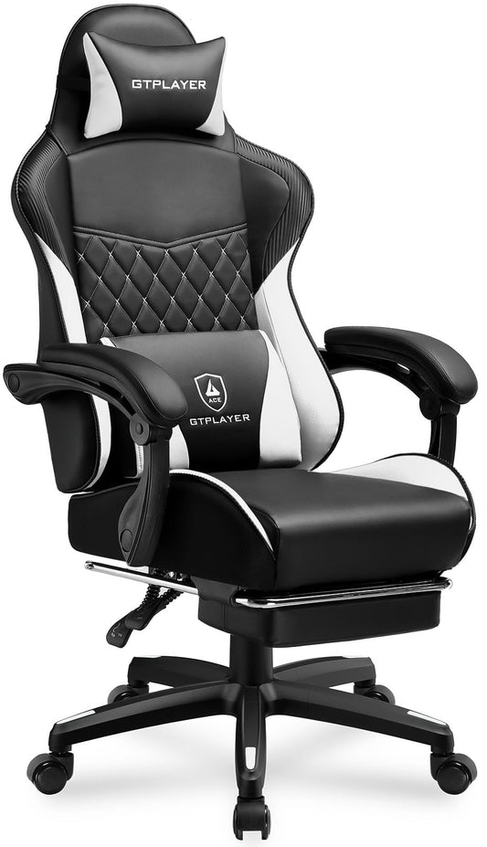 GTPLAYER Gaming Chair, High Back Leather Computer Gaming Chair with Footrest, Ergonomic Height Adjustable Office Chair with Removable Cover and Lumbar Support for Gaming and Work (White)