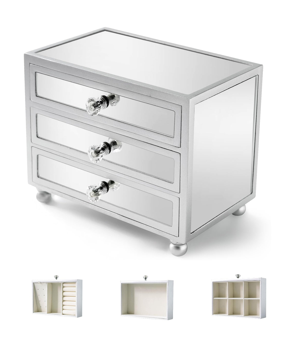 Gifturbo 3 Layer Mirrored Glass Jewelry Box, Large Capacity Women's Storage Box with Velvet Interior and Crystal Handle