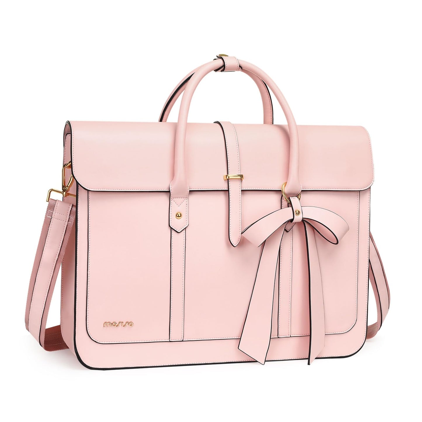 MOSISO Laptop Bag for Women, 15-15.6 inch PU Leather Laptop Shoulder Bags Convertible Backpack, 16 inch Messenger Bags Casual Handbag Work Briefcase Travel Computer Bag with Bowknot, Pink