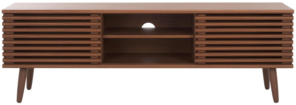 SAFAVIEH Averi TV Stand for up to 65" Flatscreen – Dark Walnut, 2 Sliding Doors with Interior Storage, 2 Open Shelves, Entertainment Media Console (MED9637A)