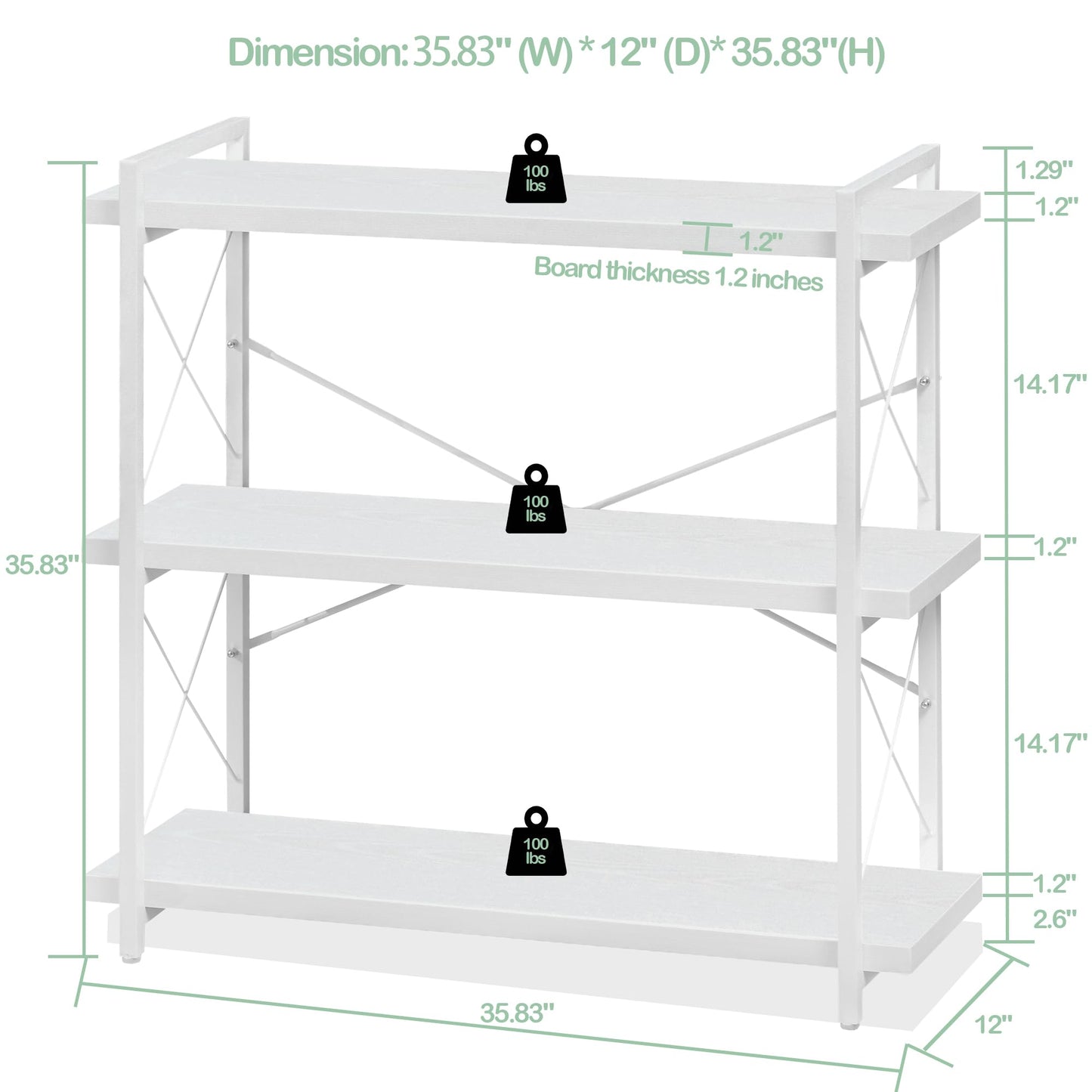 HCHQHS Bookshelf, 3-Tier Industrial Bookcase, White Open Book Shelf, Freestanding Horizontal Bookshelves with Metal Frame