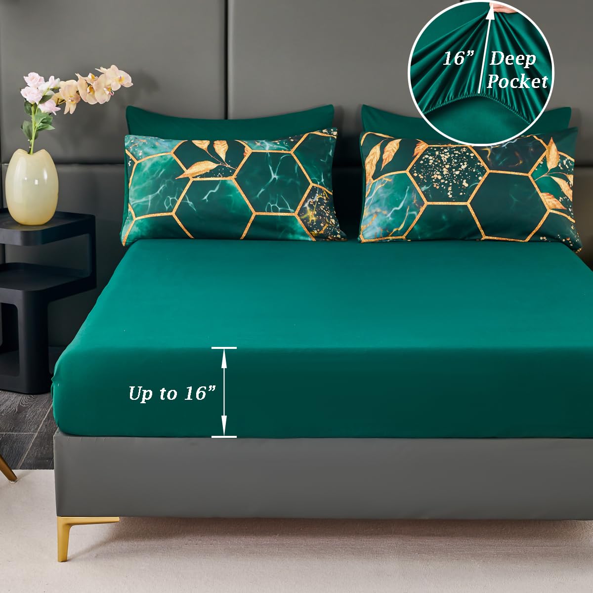 ZRNBAST Dark Green King Size Comforter Set Geometric Honeycomb-7 Piece Bedding Set with Gold Trim Print Pattern All Season Marble Hexagon Bed in A Bag with Sheets (Emerald Green, King)