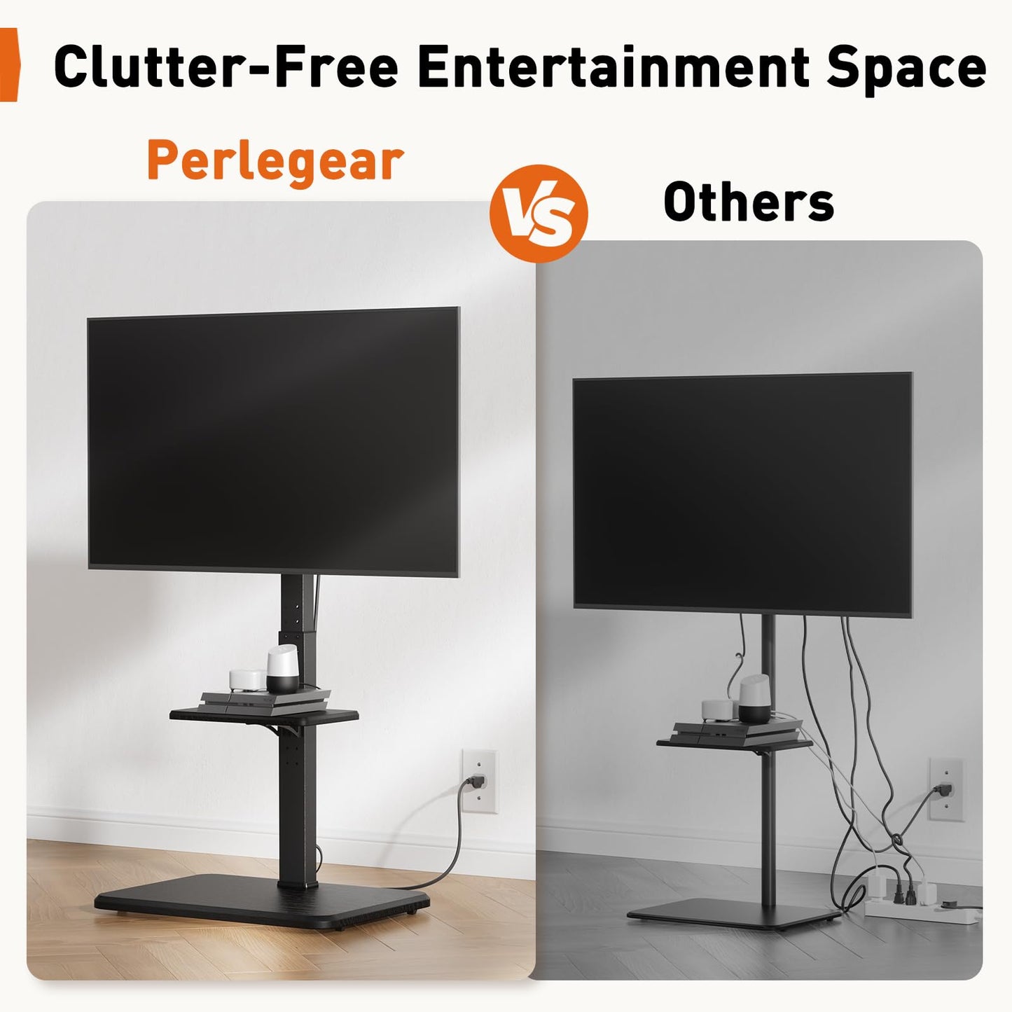 Perlegear Floor TV Stand with Power Outlet, Universal TV Stand for 32-75 inch TVs up to 110 lbs, Height Adjustable Standing TV Mount, Tall TV Mount with Wood Base, Max VESA 600x400mm, PGFS06