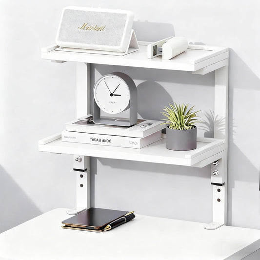OUTIOE 2-Tier Desk Shelf, Expandable Under Desk Storage, Clamp on Desk Shelf, Desktop Accessories for Offices, Study Rooms, and Game Rooms (White)