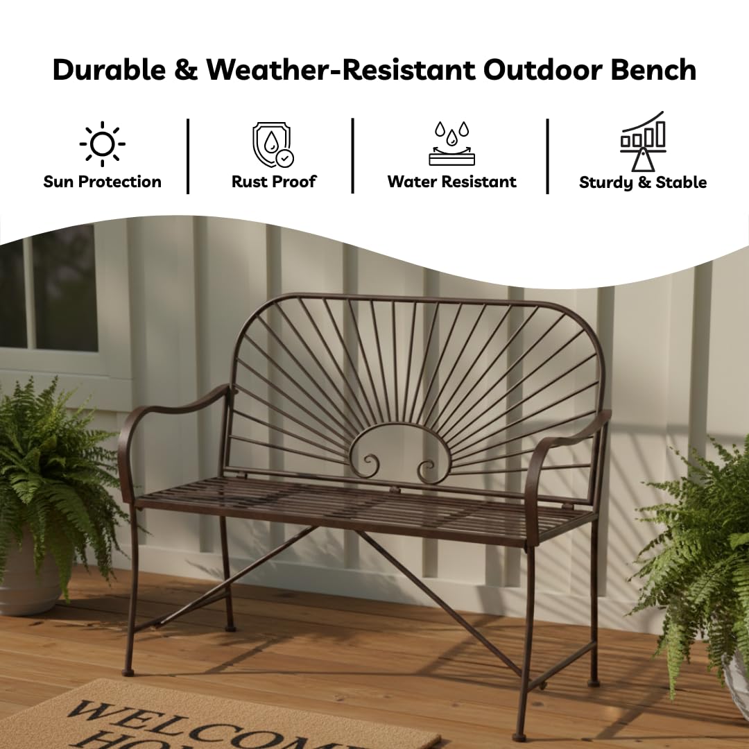 XBrand 44" L Iron Sun-Patterned Seat for Two, Patio & Porch Furniture for Park, Yard, Lawn, Balcony, Backyard – Brown