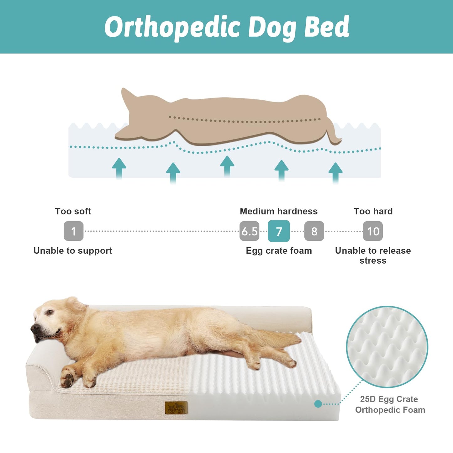 COZY KISS Orthopedic Dog Bed for Large Medium Size Dog, Dogs Crate Bed, L Shaped Foam Anti-Slip Bottom Pet Cat Sofa with Washable Removable Cover, Suitable for Pet Up to 75 lbs, 36x27x6.5 inch, Beige