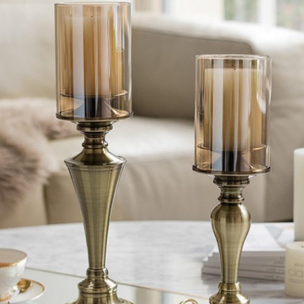 Candlestick Holders Creative Iron Candlestick with Glass Cover Home Dining Table Decoration Candlestick Ornaments Candle Holders(Small)