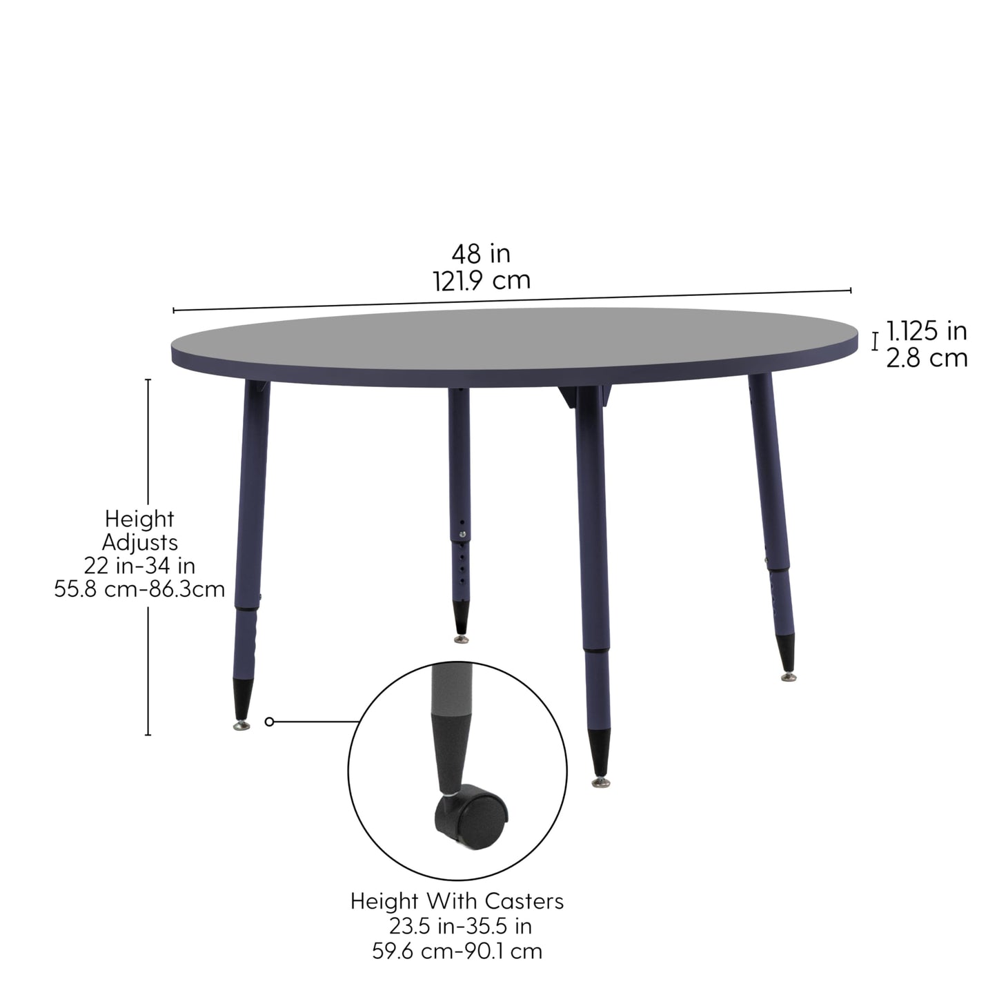 Adapte Commercial Classroom Activity Table - 48" Round, ADA Compliant Tapered Legs with Glides & Casters, Adjustable Height 22-34" Wheelchair Accessible, School & Office Furniture
