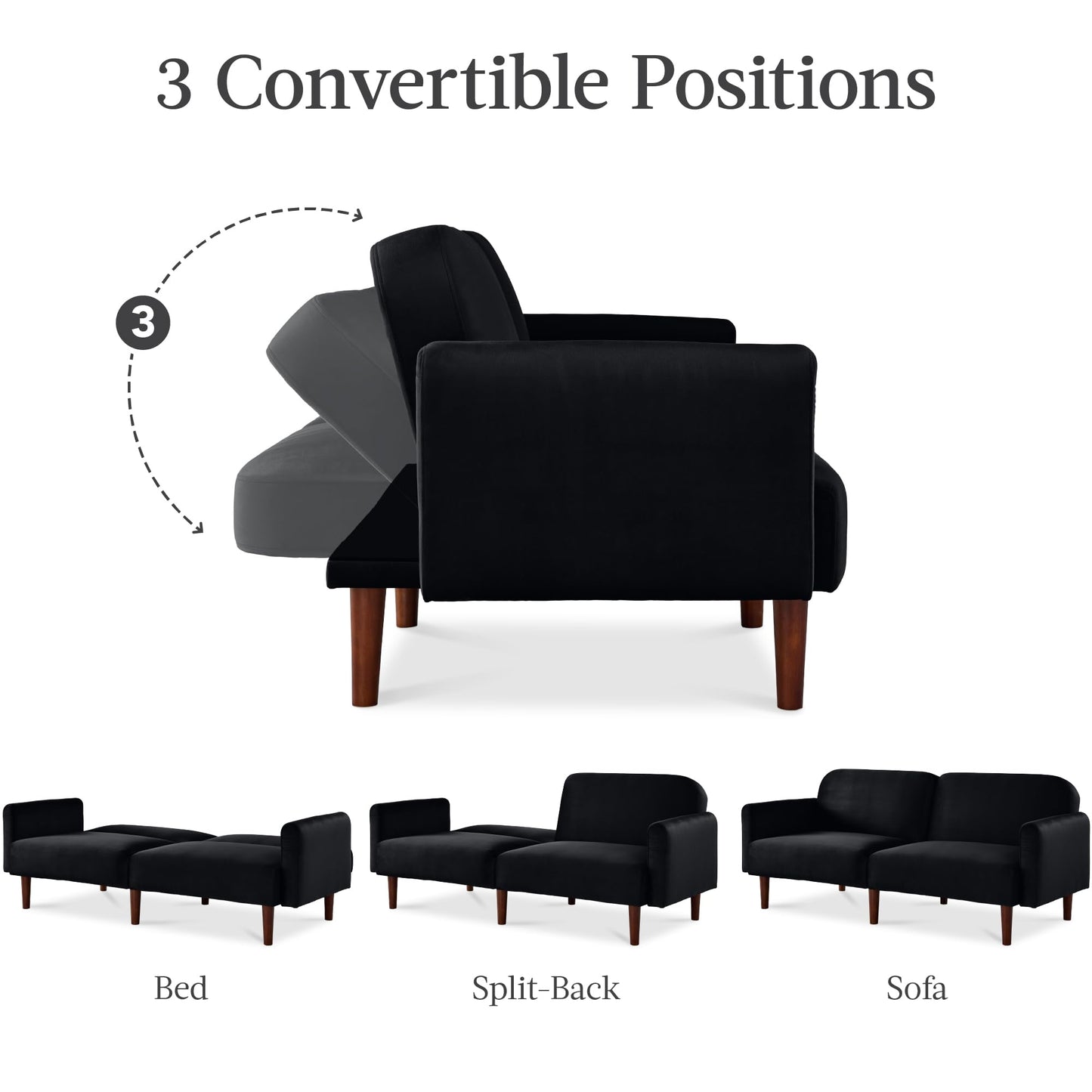 Best Choice Products 77" Mid Century Modern Velvet Loveseat Sofa, Couch, Convertible Sofa Sleeper Bed w/Real Wood, Removable Armrest - Onyx Black