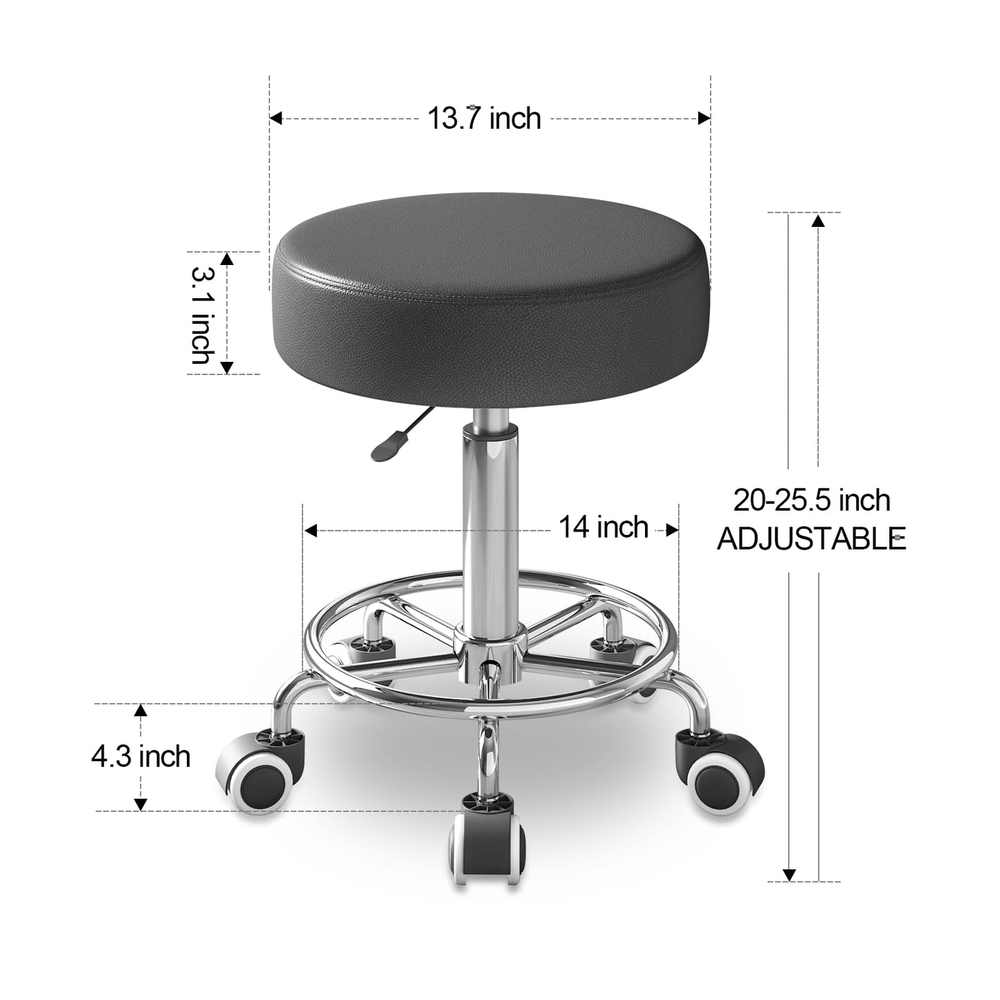 Rolling Stool, Heavy Weight Capacity 250lb, PU Leather Rolling stools, Ultra Soft Padded Seat, Rolling Stools with Wheels and Footrest, 360° Swivel, Spa Drawing Salon Work Office Tattoo Stool (black)