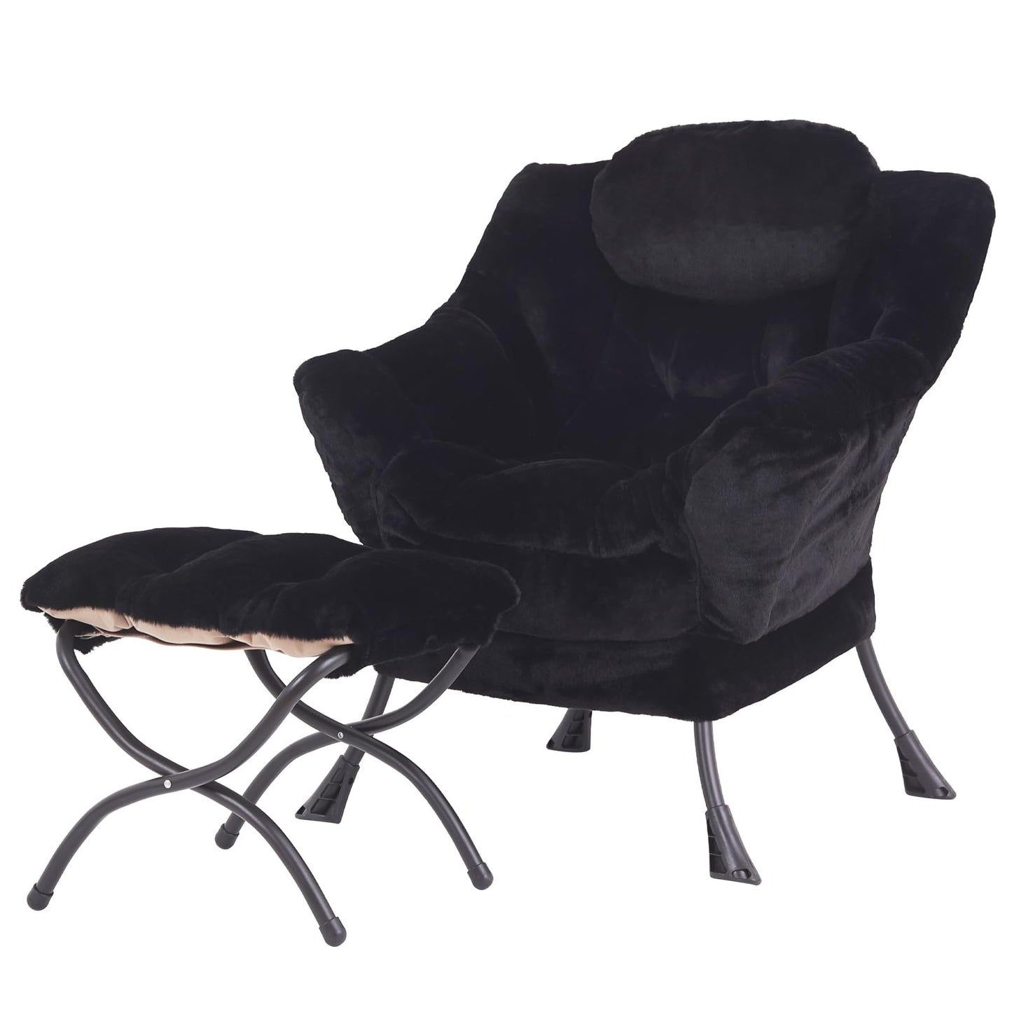 SESHINELL Lazy Chair with Ottoman, Modern Accent Chair Sofa Chair with Armrests, Reading Chair and Folding Footstool for Living Room, Bedroom, Office, Plush Black