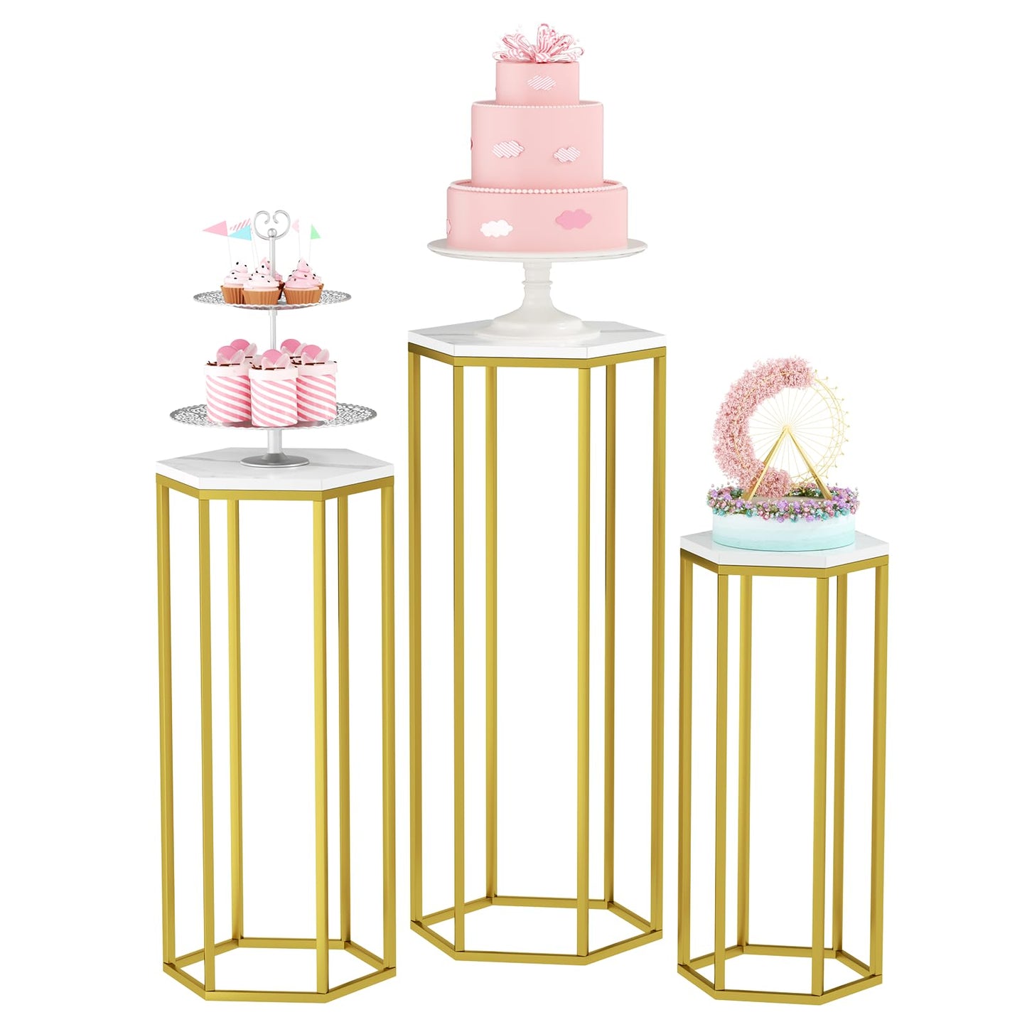 Urban Deco Cylinder Stands for Party, Set of 3 Gold Metal Hexagon Cake Pedestal Stand with Wooden Marbled Countertop, Flower Plant Pedestal Stands for Display Parties Wedding Birthday Decor, 3PCS, Gold