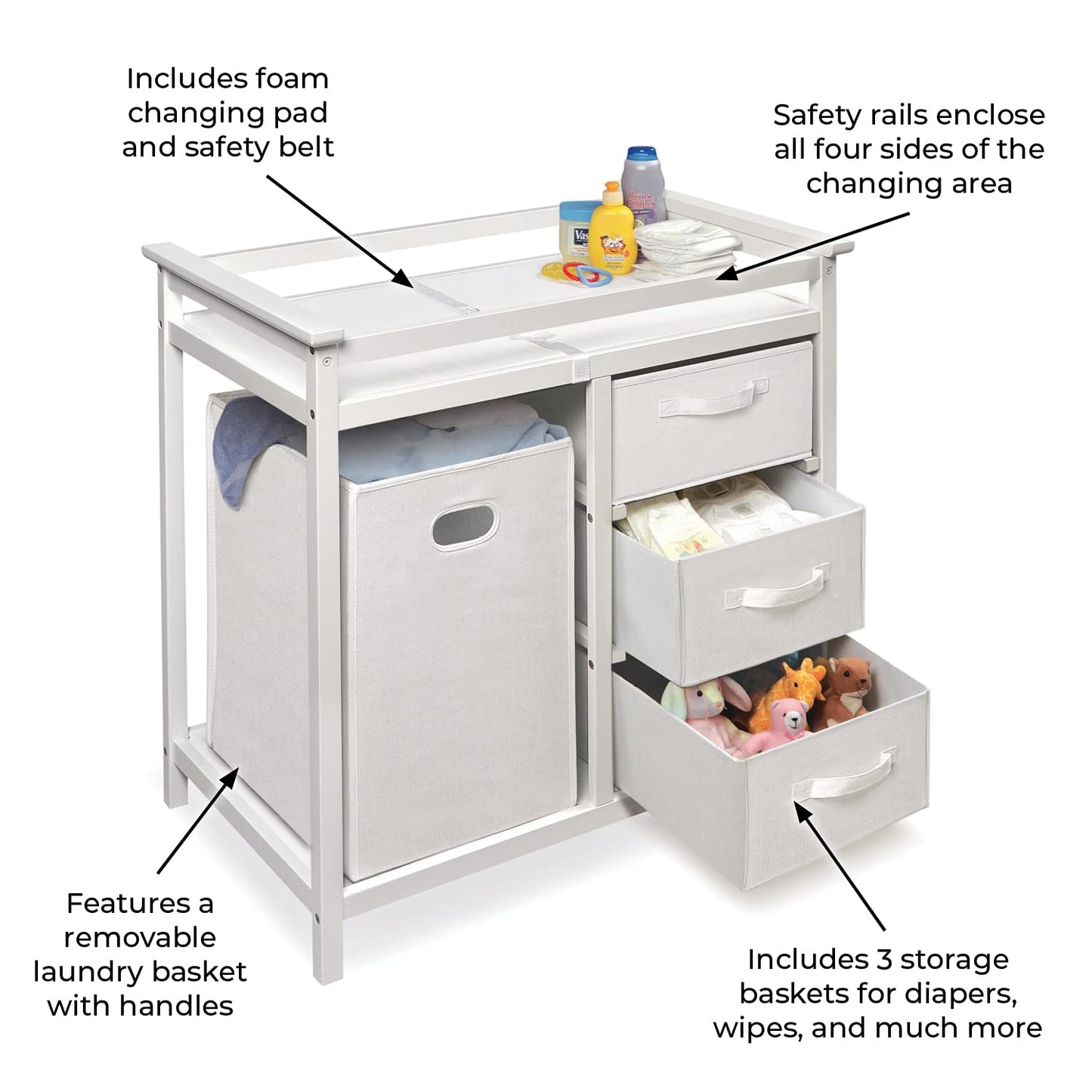 Badger Basket Modern Baby Changing Table - Nursery Furniture with Laundry Hamper and 3 Storage Drawers - Diaper Changing Station with Safety Belt, Changing Pad, and Organizer Baskets - White