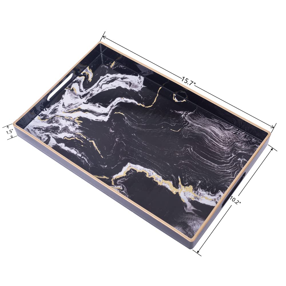 MAONAME Decorative Tray, Plastic Marbling Tray with Handles, Rectangular Coffee Table Trays for Ottoman, Bathroom, 15.7” x 10.2”, Black