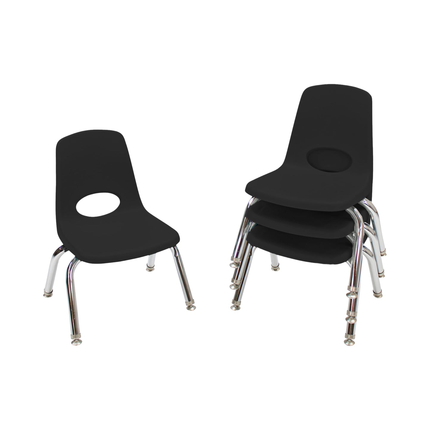 FDP 10" School Stack Chair, Stacking Student Seat with Chromed Steel Legs and Nylon Swivel Glides for in-Home Learning or Classroom - Black (4-Pack), 13227-BK