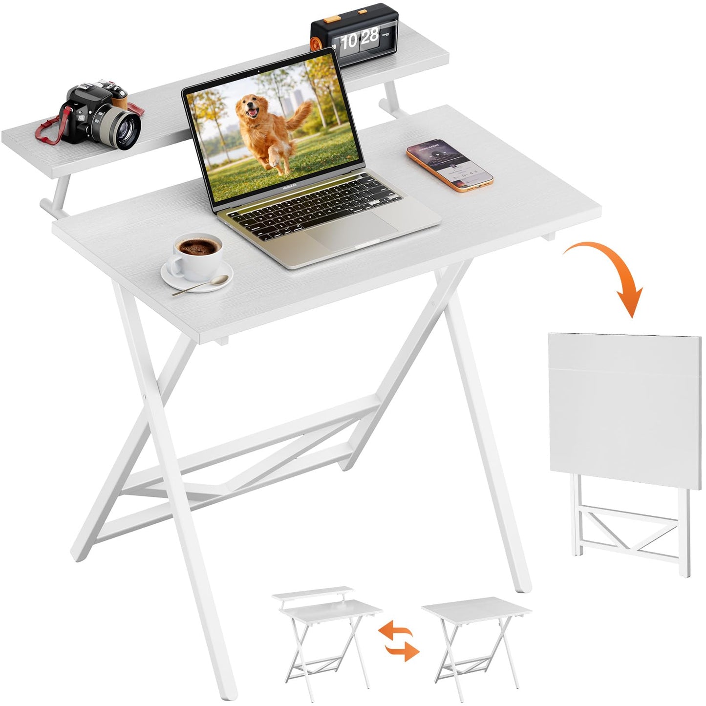 WOHOMO Folding Computer Desk with Adjustable Height, 23.6" x 31.5" x 25.6" Foldable Table with Monitor Stand, Small Office Desk for Bedroom, Space Saving Desk for Home Office, Easy Assemble, White
