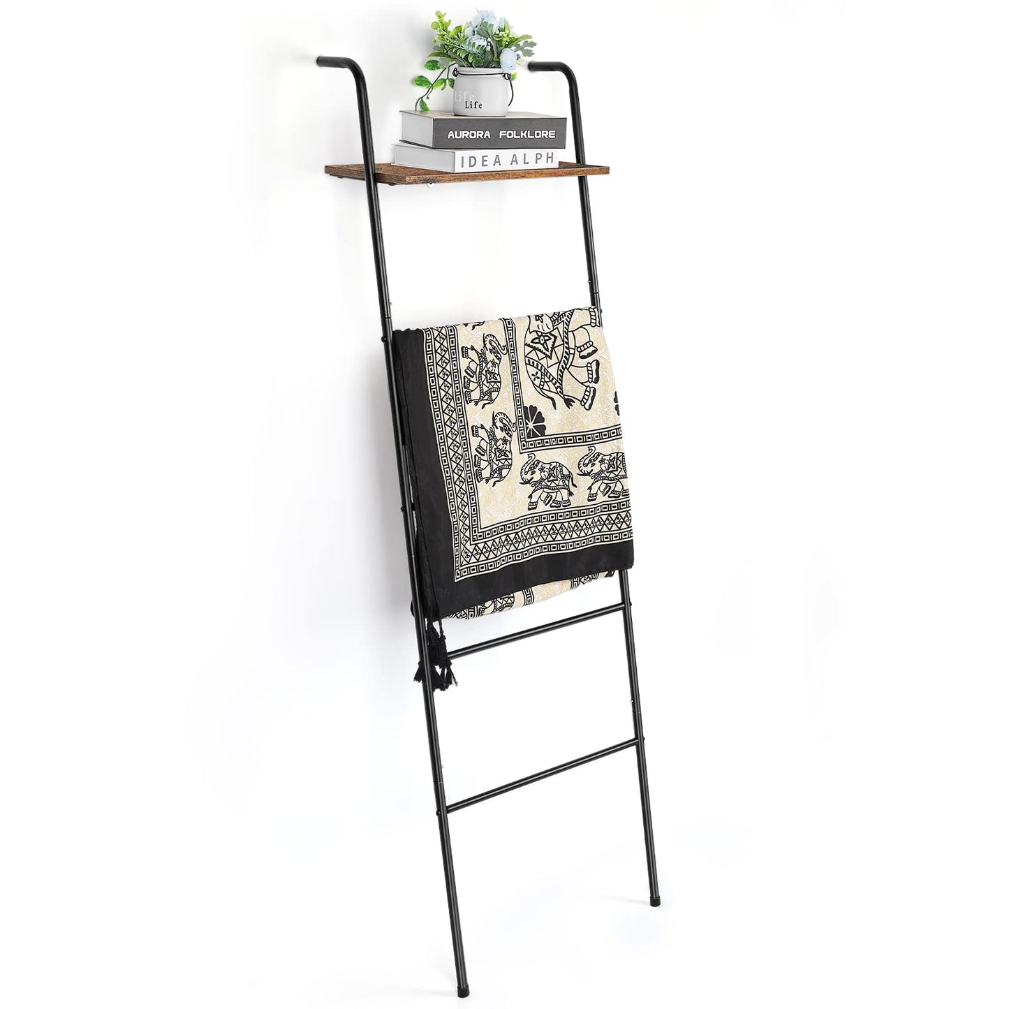 Vrisa Blanket Ladder Wall Leaning Blanket Rack Farmhouse 5-Tier Metal Blanket Holder with Shelf Bath Towel Storage for Bathroom Quilt Bedroom Living Room Pool Black