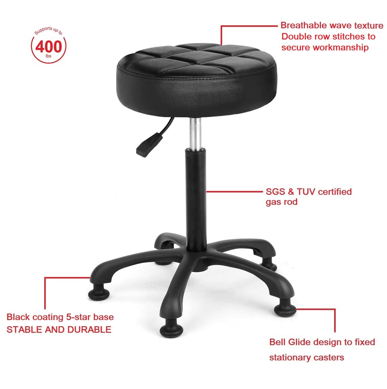 McDooFly Height Adjustable Heavy Duty Stools Salon Stool Chair with Bell Glides for Home Bar Kitchen Office Shop Tattoo Lash Tech Pedicure (Black with Bell Glides, Height 22 to 30 in)