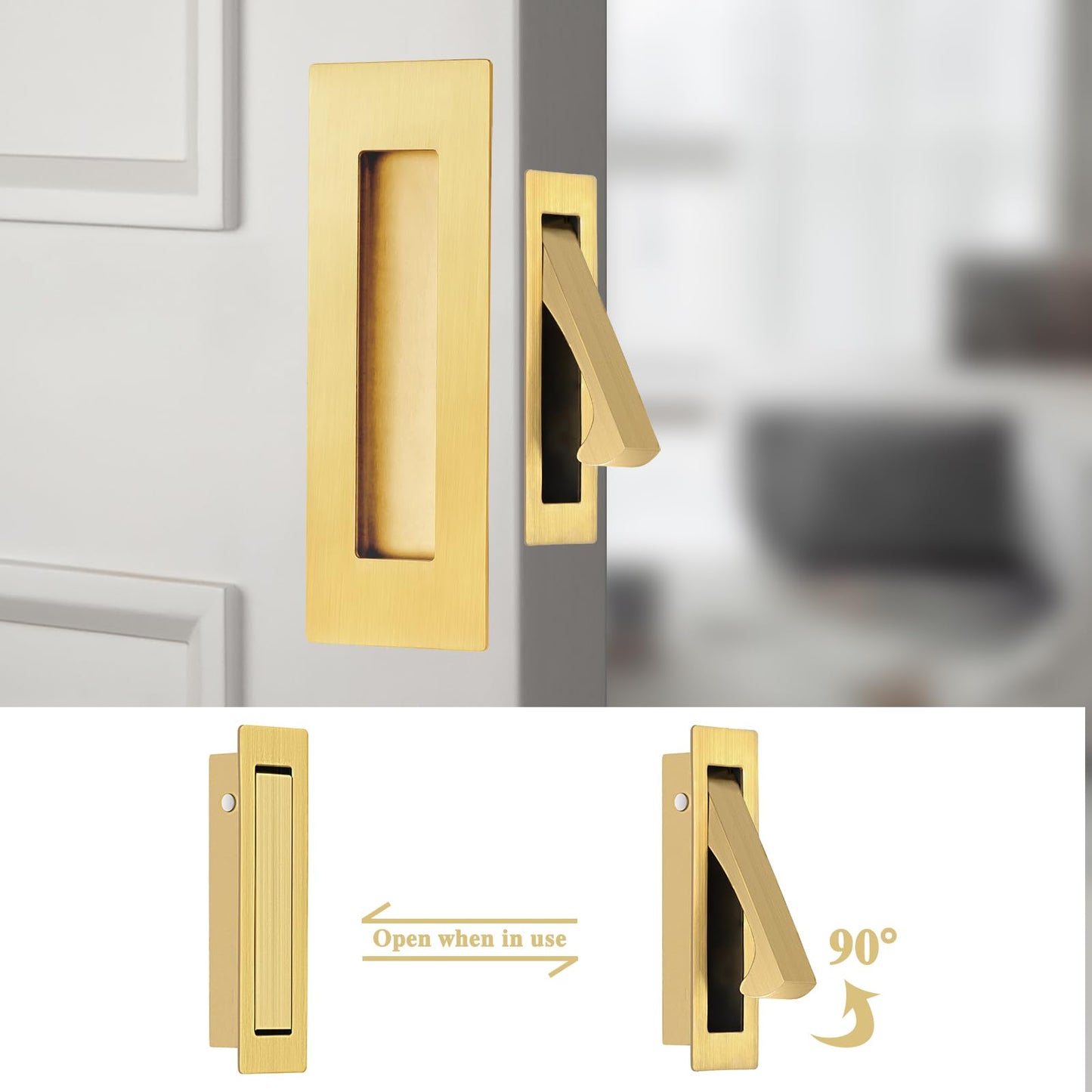 senharvest Pocket Door Handles and Edge Pull Brushed Brass, 6Inch Handles Hardware Latch,Recessed Finger Flush Pulls,for Closet,Sliding,Barn Door