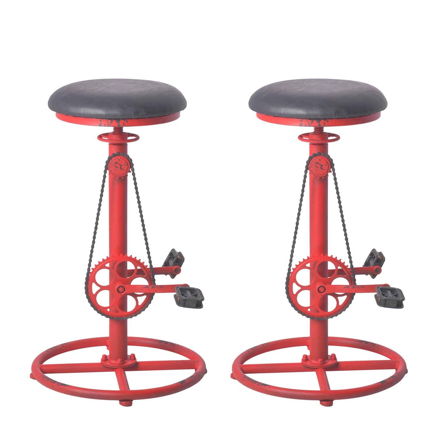 Topower Vintage DIY Bar Stool Bicycle Chain Iron Pedal Retro Industrial Height Adjustable Bicycle Wheel Design bar Chair Set of 2 Antique Red