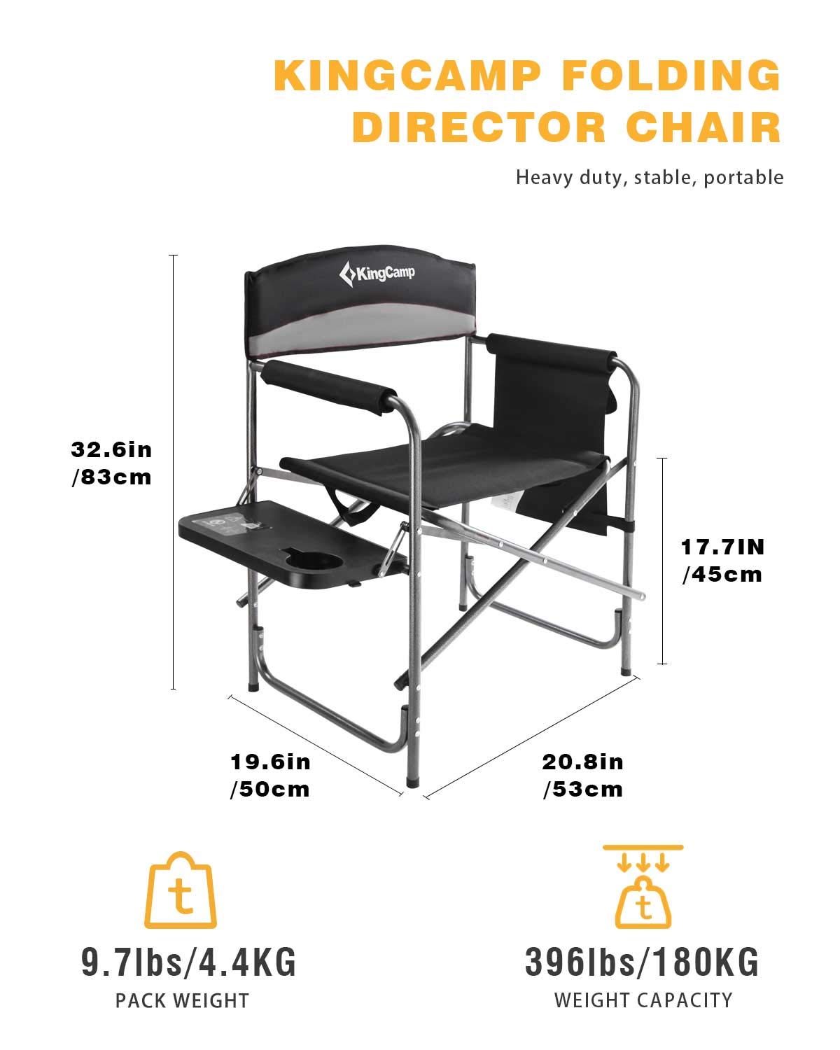 KingCamp Folding Camping Chair, Heavy Duty Portable Directors Style with Side Table Carry Handle Storage Pockets for Outdoor Tailgating Sports Backpacking Fishing, Black