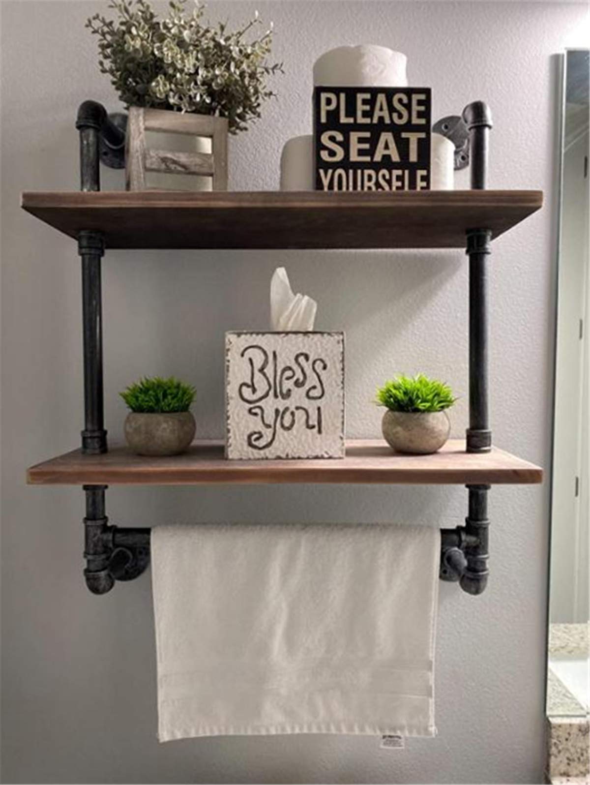 LooftMate Industrial Pipe Shelf,2 Tiered Metal Towel Racks for Bathroom,20" Industrial Pipe Floating Shelves Shelving,Rustic Wood Wall Mount Shelf with Bar,Iron Towel Holder