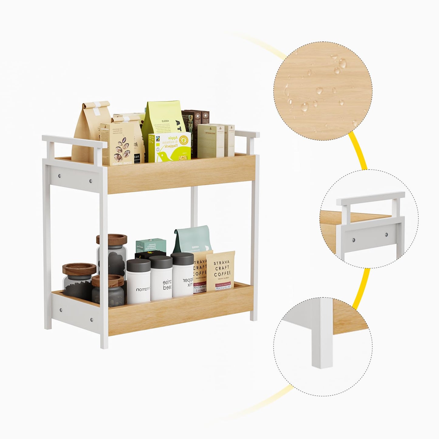 KLM Countertop Coffee Station Organizer, 2 Tier Wooden Shelf for Coffee Bar Accessories, Condiment Storage Caddy for Kitchen, Bathroom Counter Organizer, Home, Office - Natural