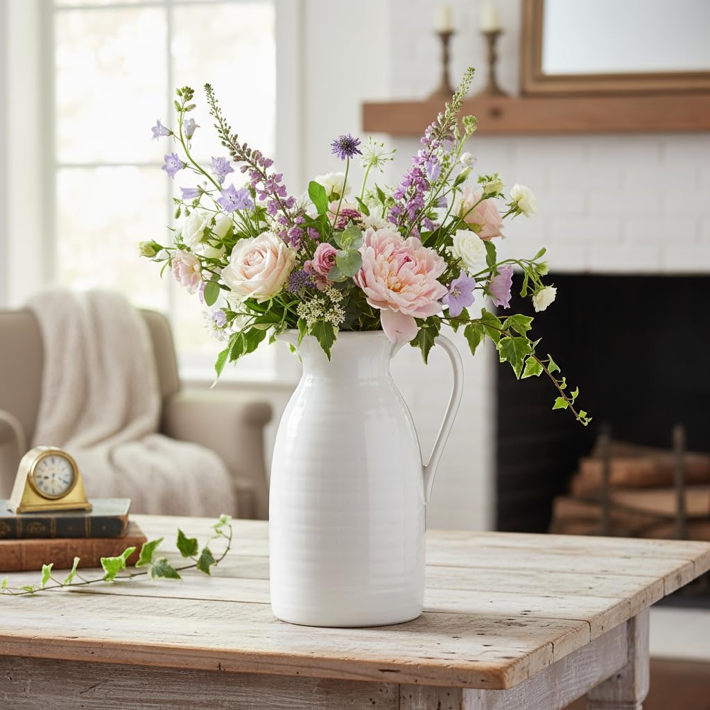 hjn Farmhouse Pitcher Vase for Flowers- Ceramic Pitcher White Flower Vase for Your Kitchen/Home Decor/Office/Living Room/Bookshelf/Mantel/-White