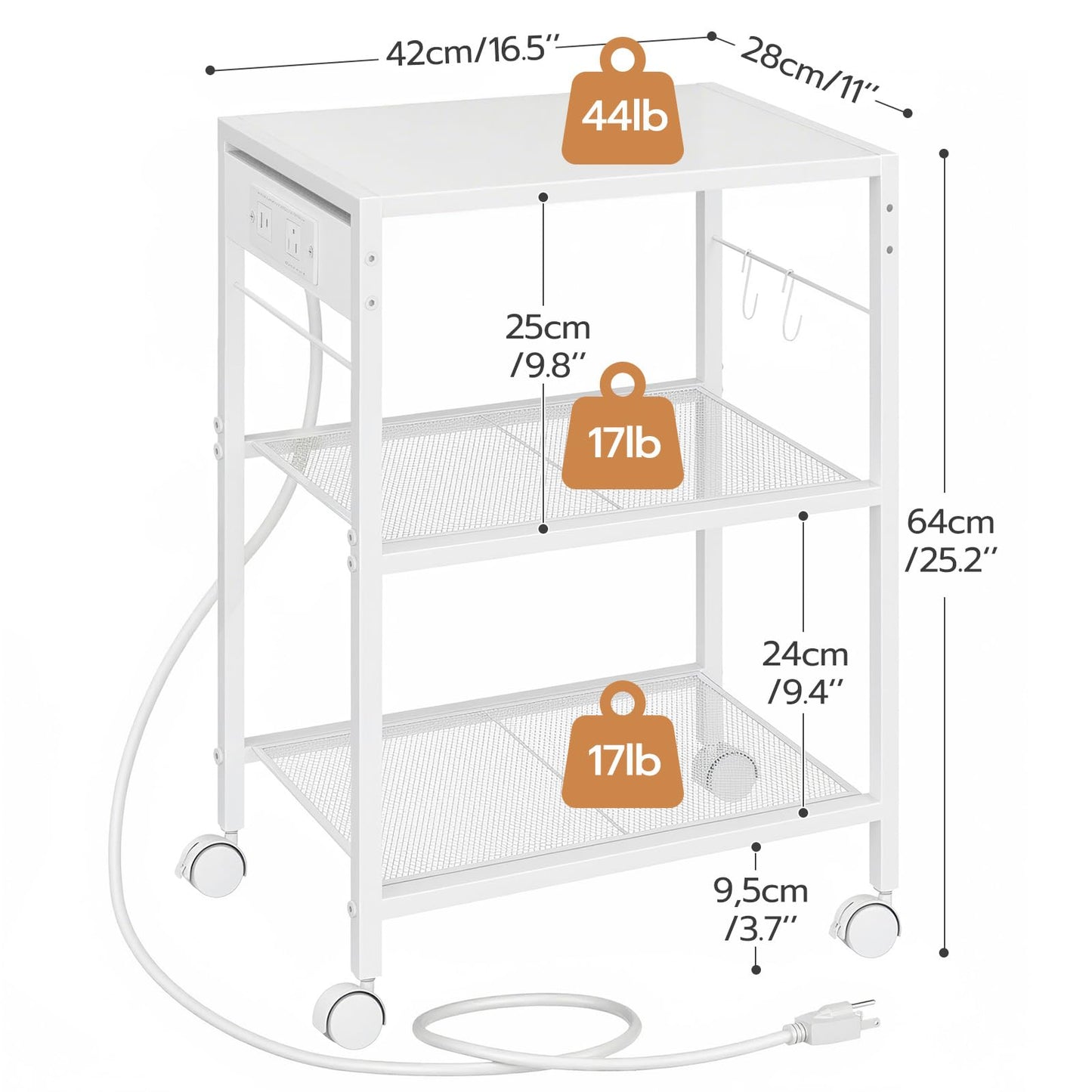 HOOBRO Industrial Printer Stand, 3-Tier Mobile Printer Table, Rolling Cart with Power Outlets and USB Ports, Home Printer Stand with 2 Hooks, for Office, Living Room, White WW22UPS01