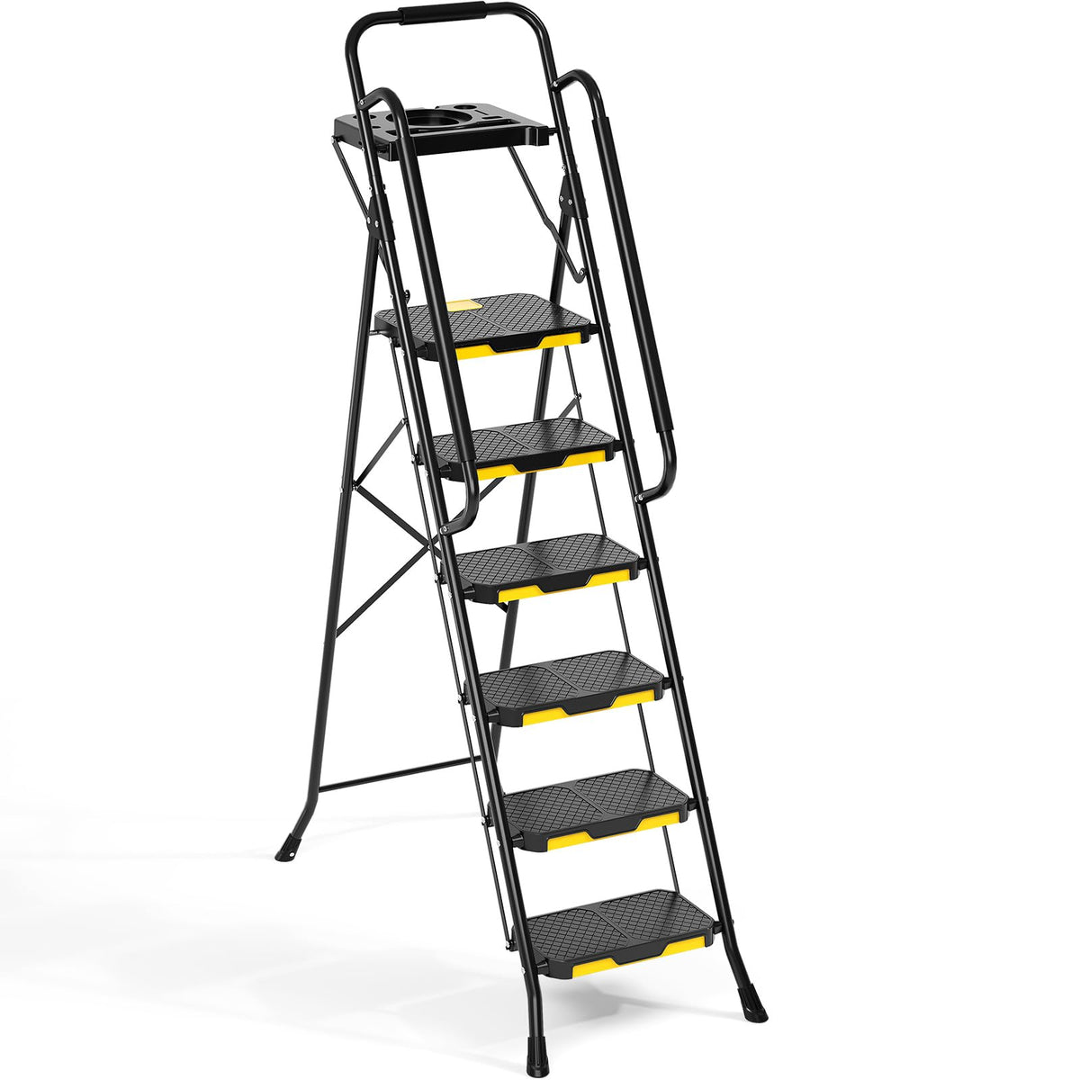 KINGRACK Step Ladder, Sturdy Steel Step Stool with Anti-Slip Wide Pedals, Handrail, Safe-Lock Design, 800lbs Folding Portable Ladder for Multi-Purpose, Home, Kitchen (6-Step with Tool Platform)