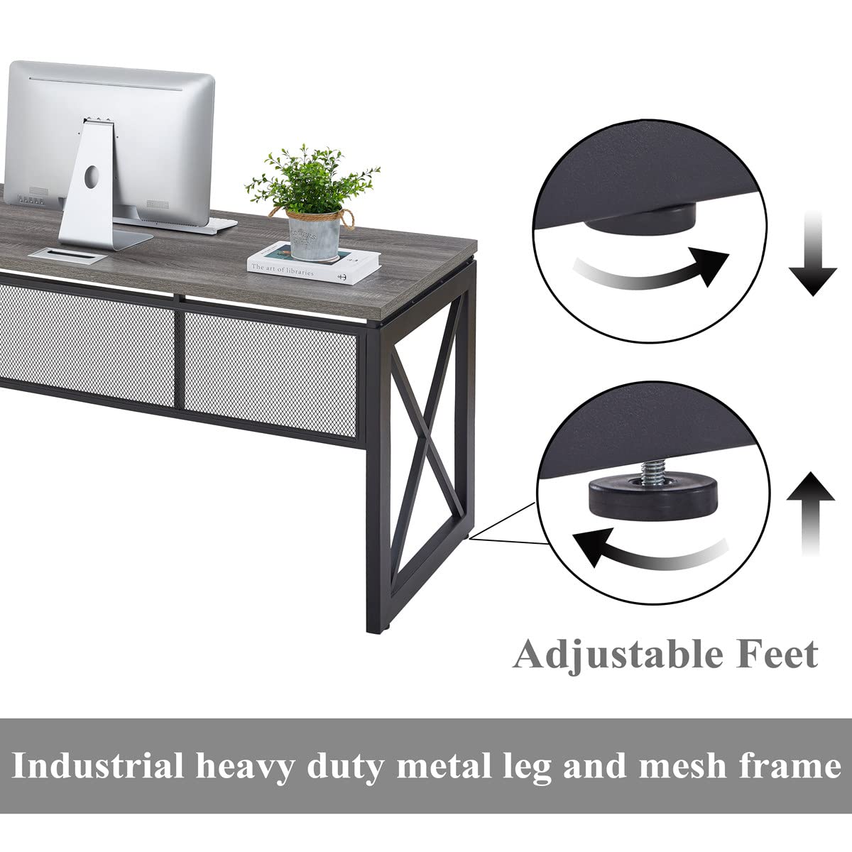 BON AUGURE Industrial Computer Desk, Rustic Wood Desks for Home Office, Sturdy Metal Writing Work Table (60 Inch, Dark Grey Oak)