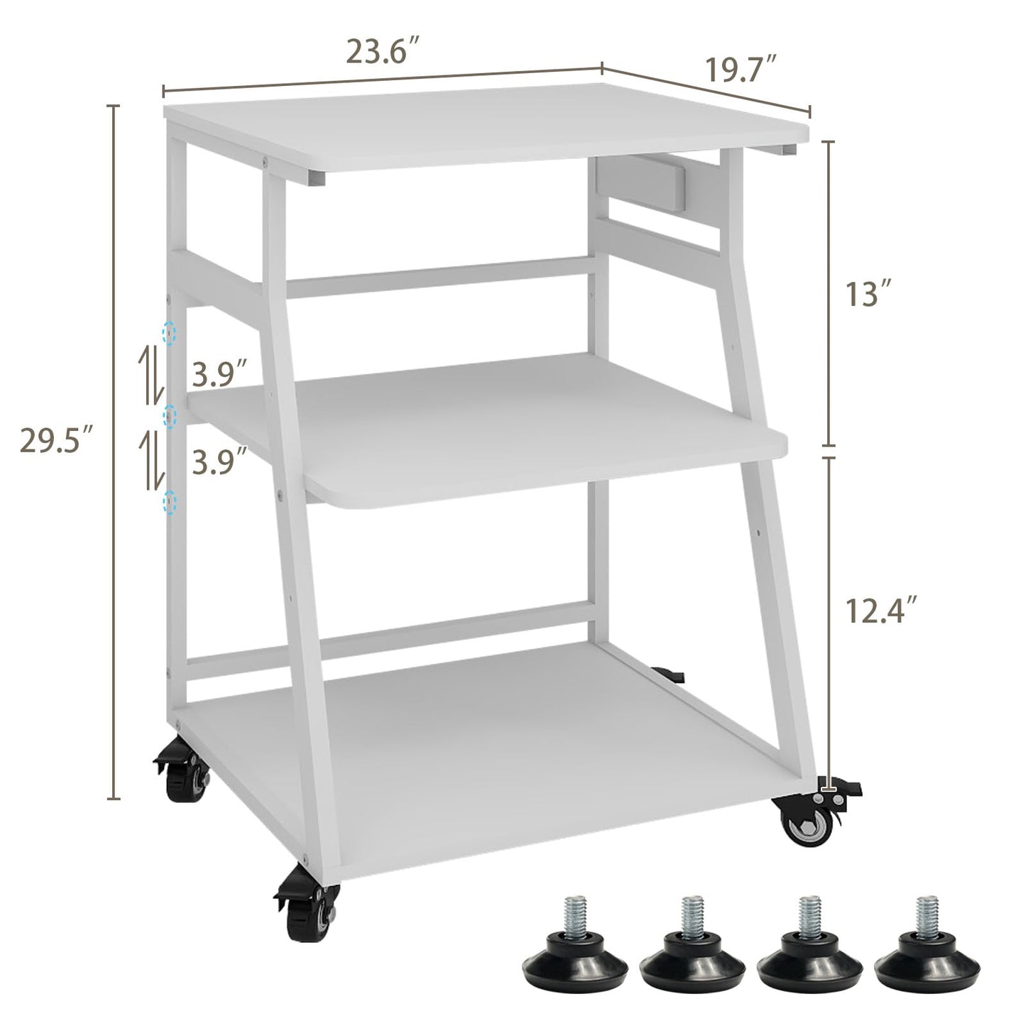 Natwind 23.6"x19.7" Large Printer Stand,3 Tier Printer Table with Charging Station, Rolling Cart with Adjustable Storage Shelf for Home Office Organization, Stand for Heat Press,3D Printer (White)