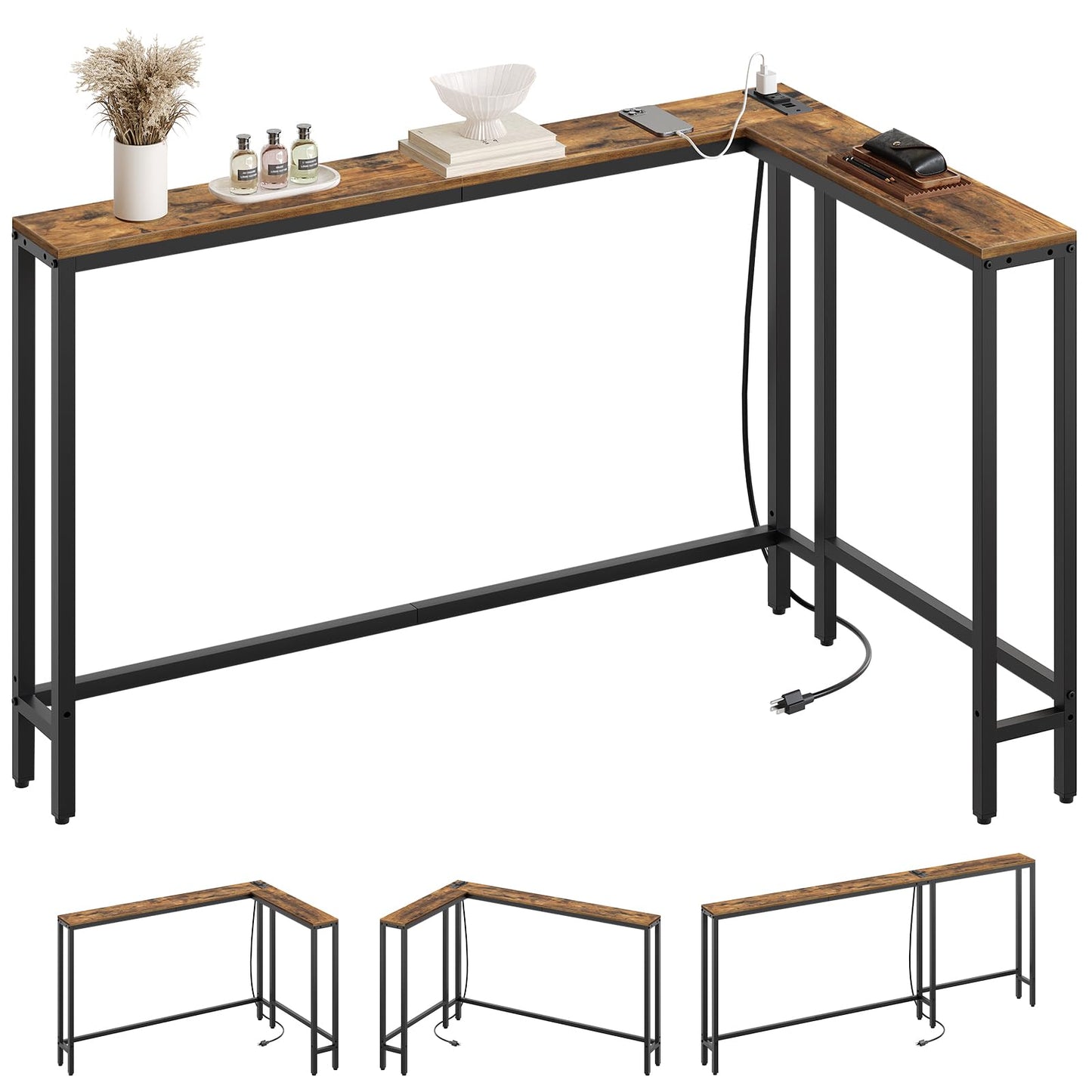 YATINEY Narrow Console Table with Outlets, 70.9" Sofa Table Narrow Long, L Shaped Behind Couch Entryway Table with Charging Station, for Living Room, Hallway, 3 Assembly Options, Rustic Brown CT07UBR
