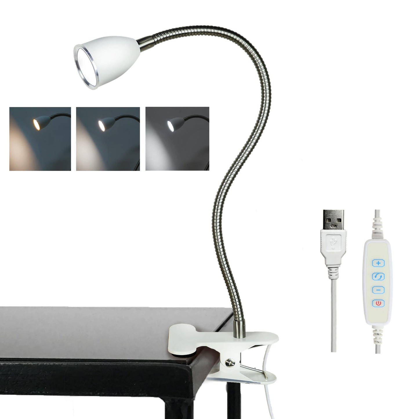 Desk lamp Eye-Caring Table Lamps, 360°Rotation Gooseneck Clip on Lamp Reading Light, Portable Reading Book Light, Clamp Light, Study Desk Lamps for Bedroom and Office Home Lighting (White with Dimme)
