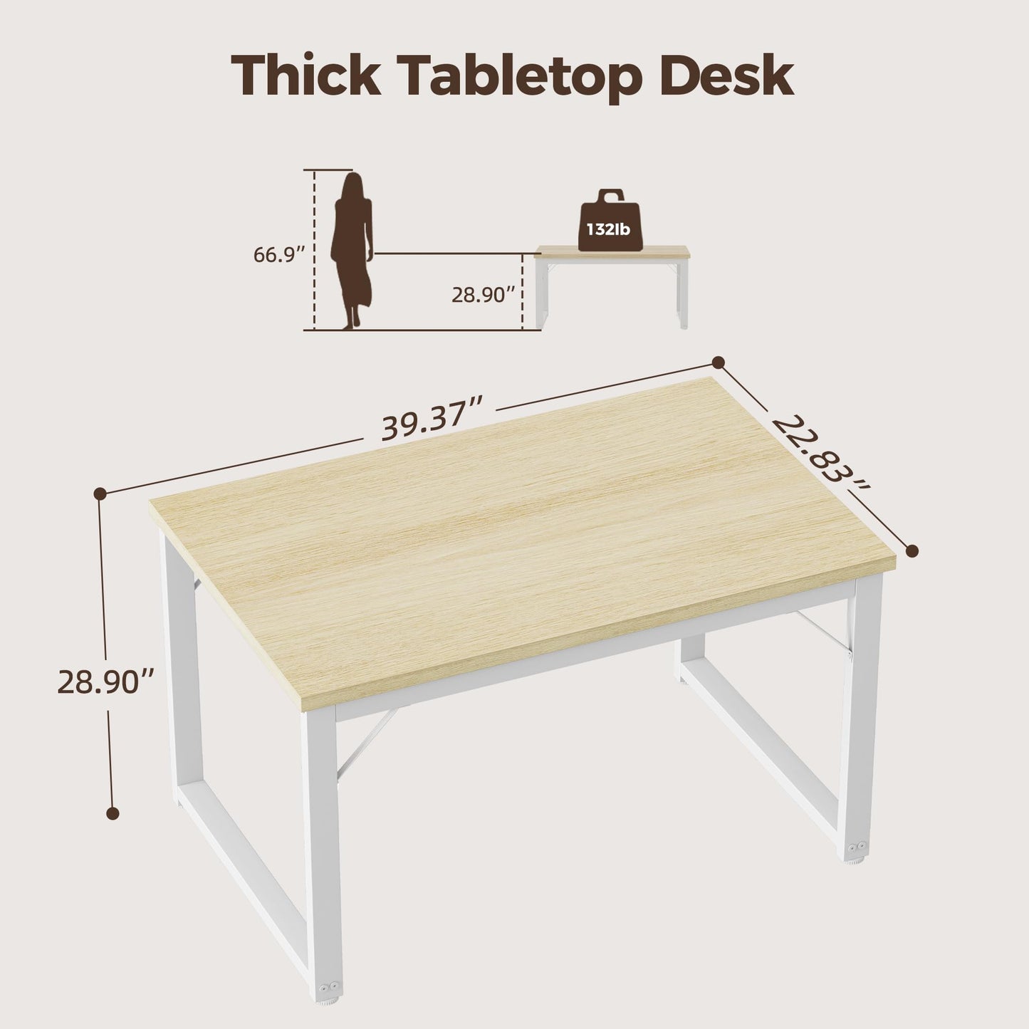 Mericonia 40 Inch Computer Desk, 1" Thick Modern Simple Study Writing Table, Heavy Duty Industrial Office Desk for Home Bedroom Workstation, Oak
