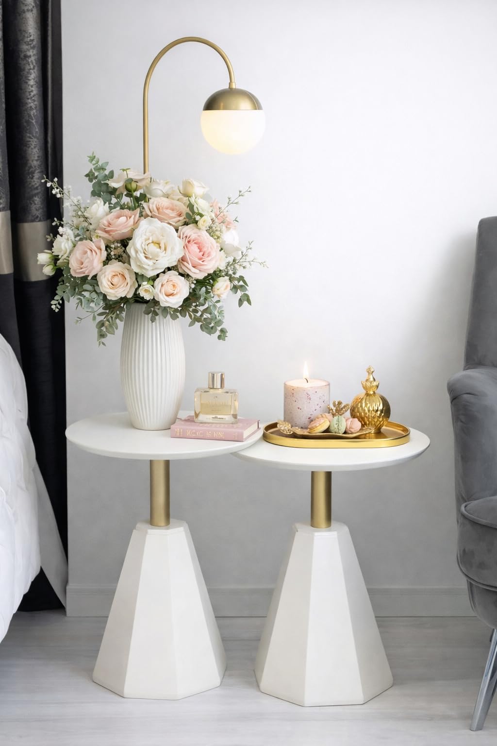 goldwork Round Wood Side Table, Set of 2, Coffee Nightstand Cocktail Drink Modern Accent Circle End Table, Wood Pedestal Base for Living Room, Bedroom, Small Spaces, Offices, Ivory