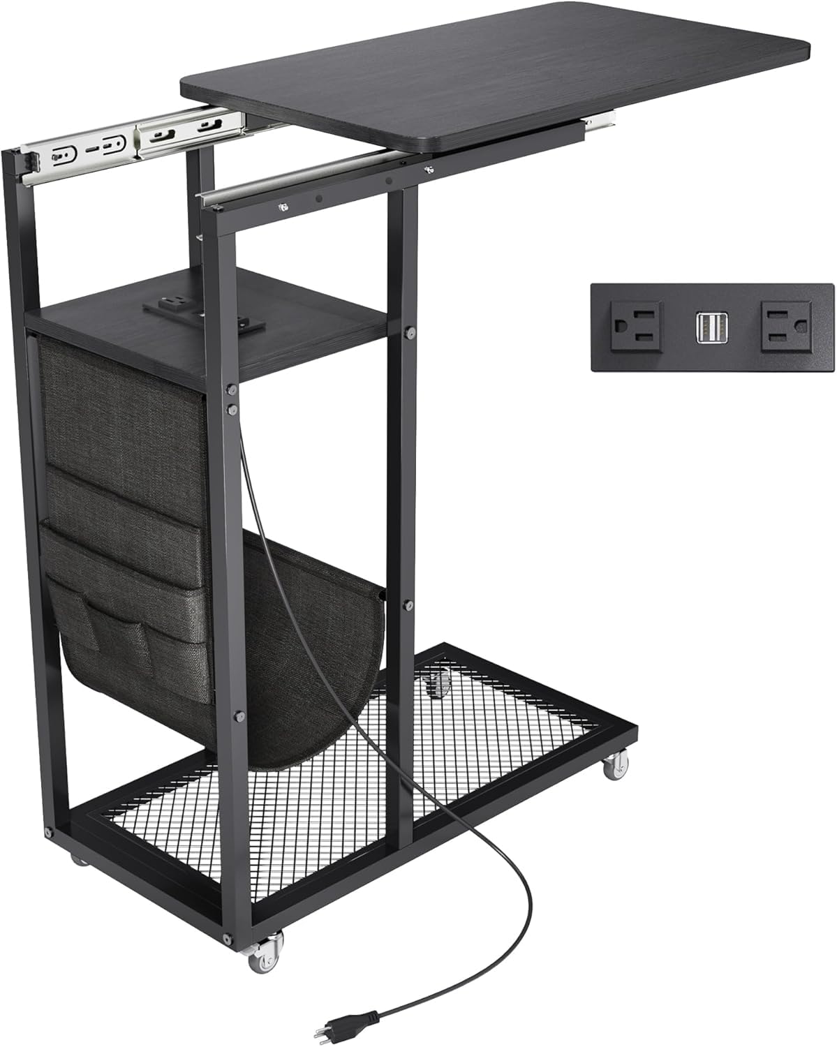 Colima C Shaped End Table with Charging Station (Black, Extra Large)