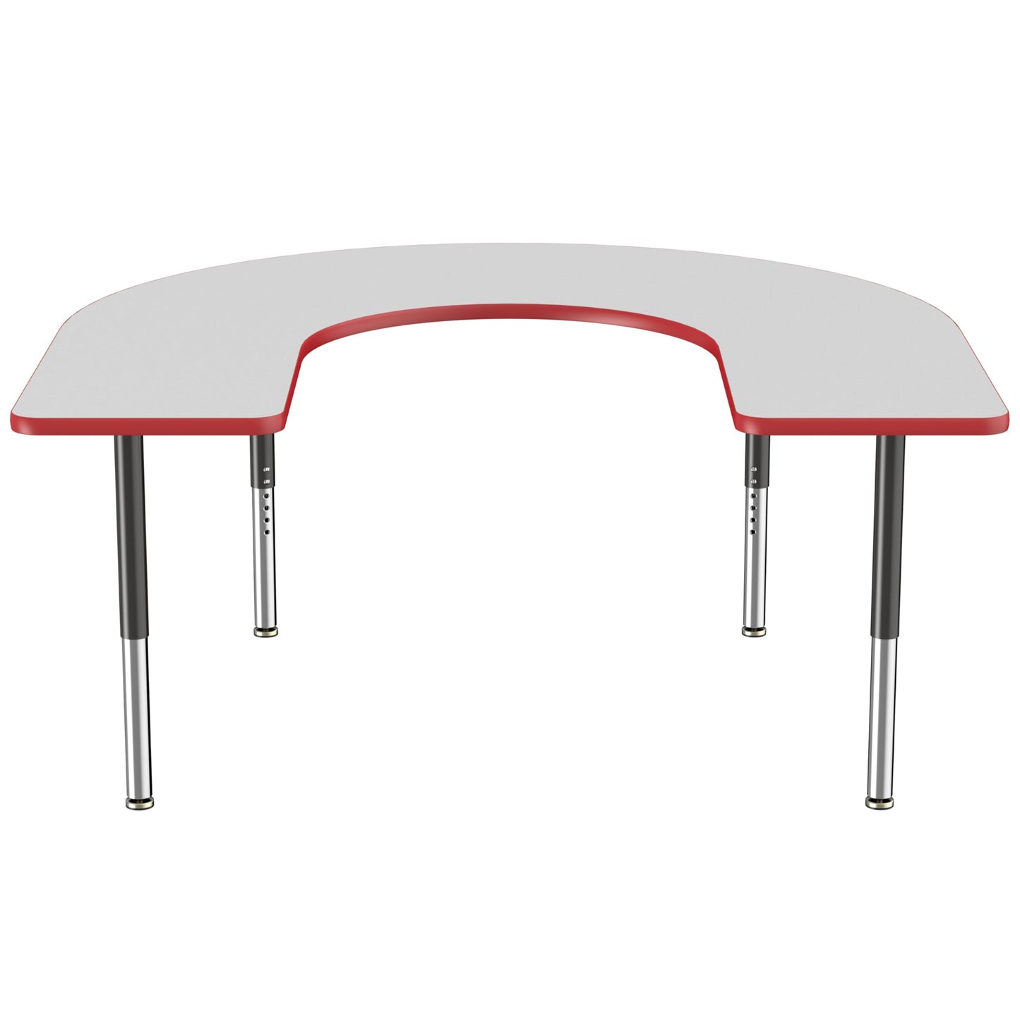 FDP Mobile Horseshoe Activity School and Office Table (60 x 66 inch), Super Legs with Glides and Casters for Collaborative Environments, Adjustable Height 19-30 inches - Gray Top and Red Edge