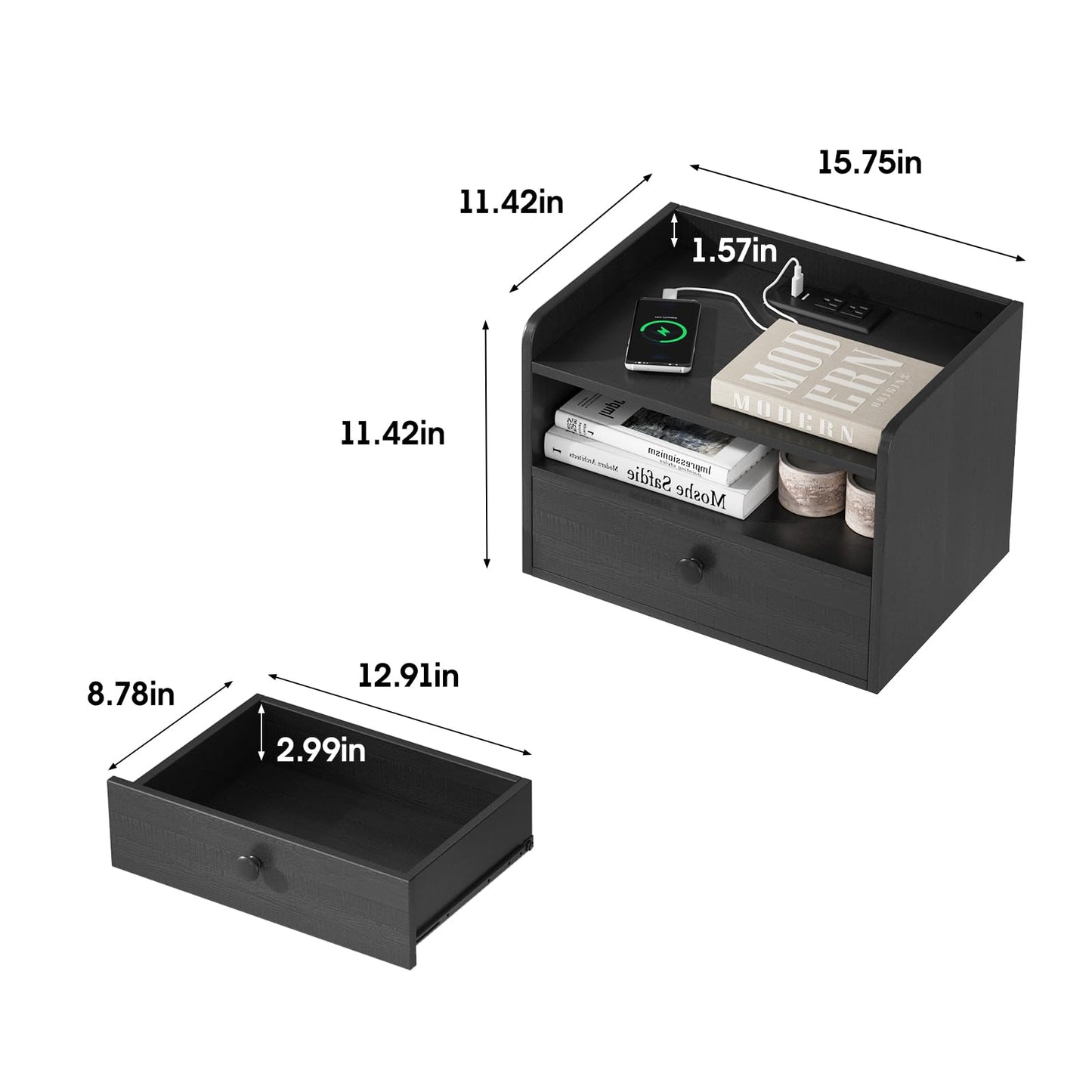 Floating Nightstand Set of 2 Modern Night Stands with Drawer and Open Shelf Cubby Small Bedside End Table with Charging Station Wall Mounted Nightstands Set 2 for Bedroom Black