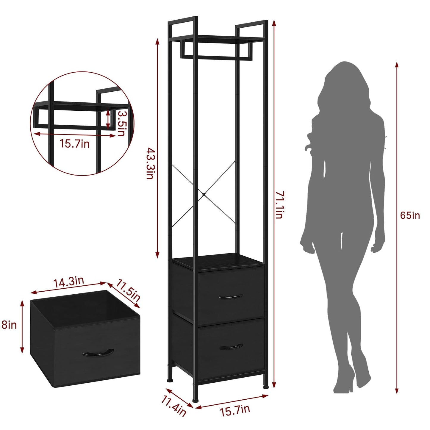 smusei Clothes Rack 3 Tiers Heavy Duty Coat Rack with 2 Fabric Drawers and Storage Shelves Freestanding Cloth Hanger Garment Rack for Bedroom Entryway Living room Black