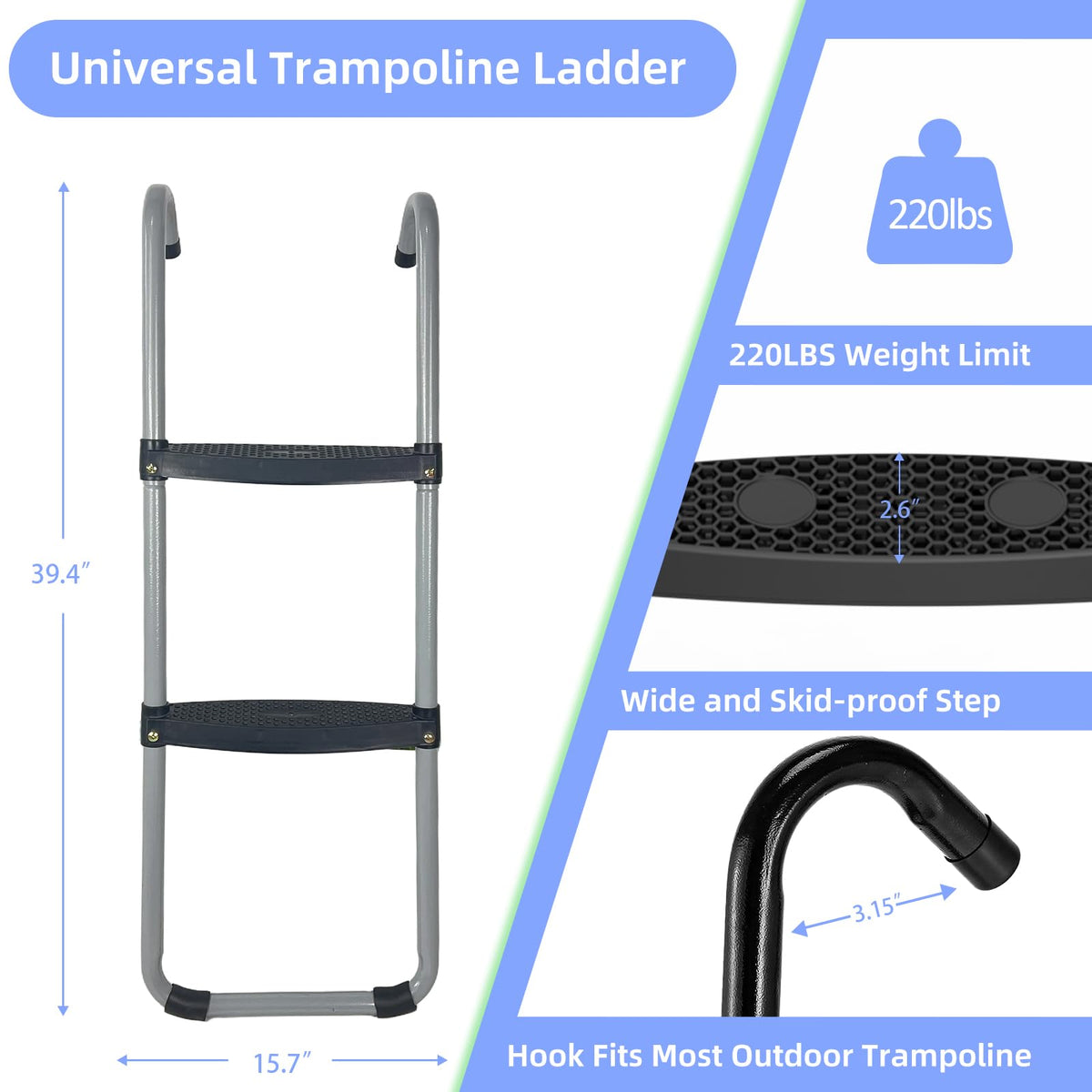 Gardenature Trampoline Ladder, 2 Steps with Wide Step, Trampoline Steps with Storage Bag, Trampoline Accessories for Kids,Silver