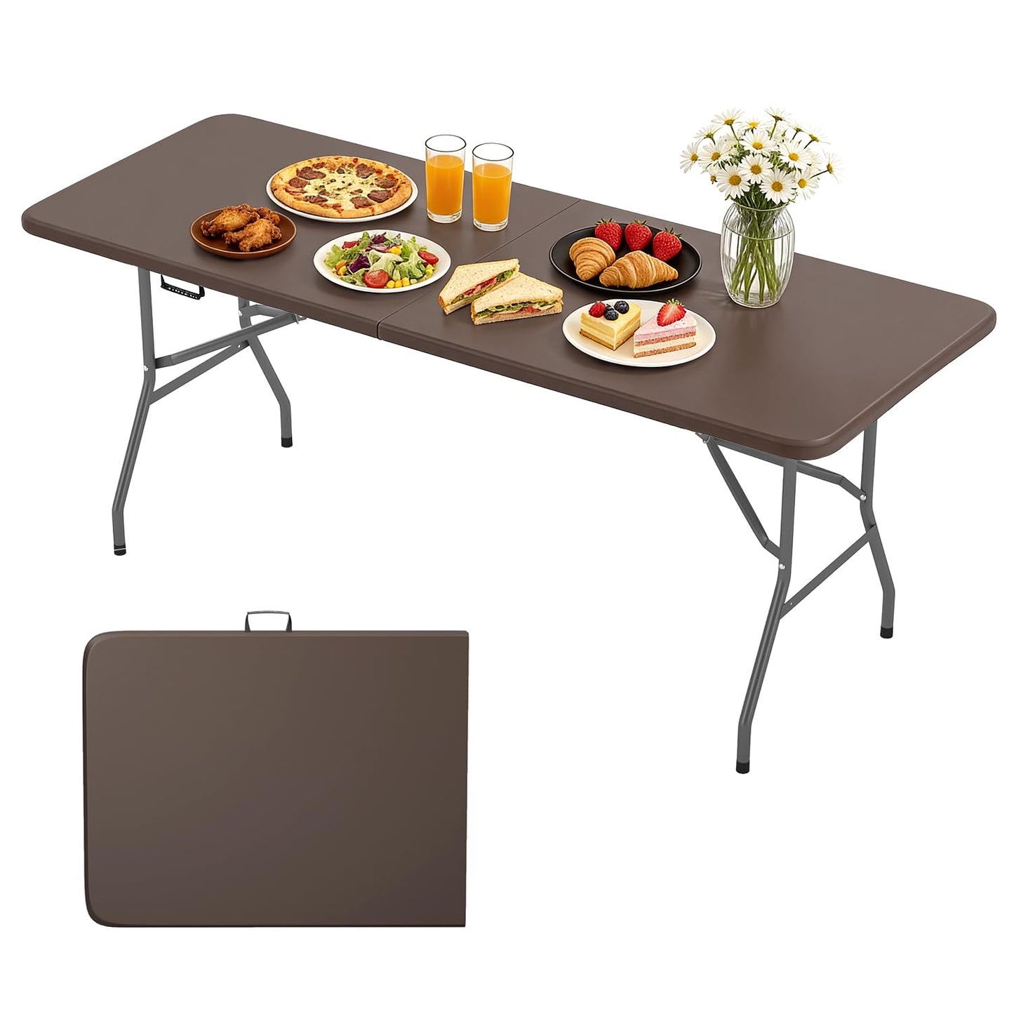 BestOffice 6 FT Picnic Table, Portable Plastic Folding Table with Carrying Handle Perfect for Picnics, Parties, Party and Camping, Brown