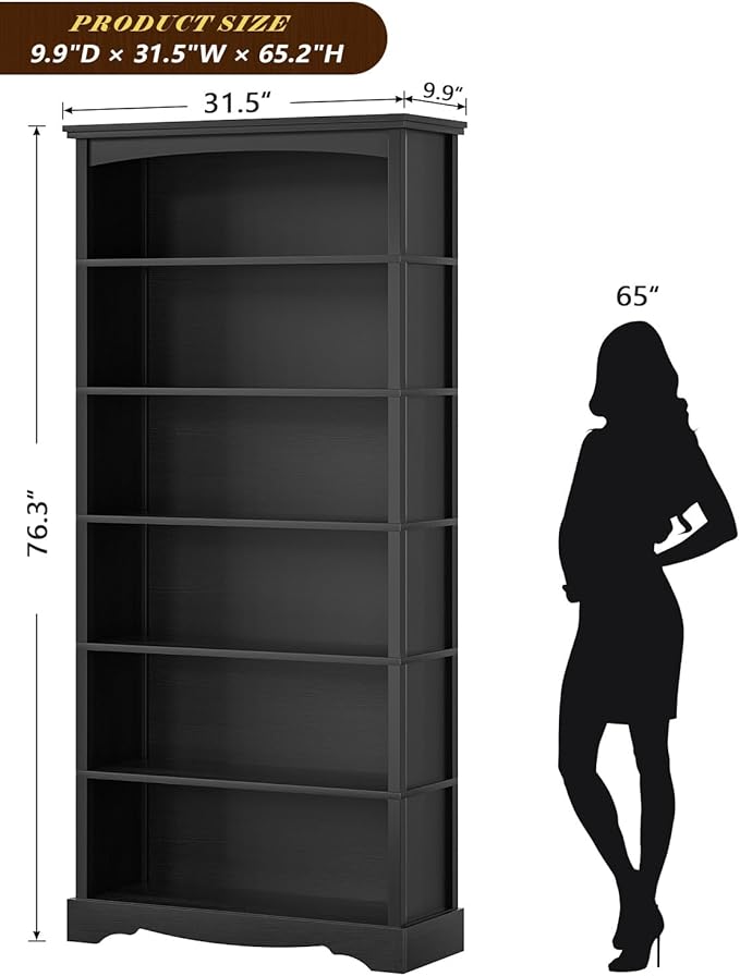 TVU 6-Tier Wooden Bookshelf, 76 Inch Tall Bookshelf
