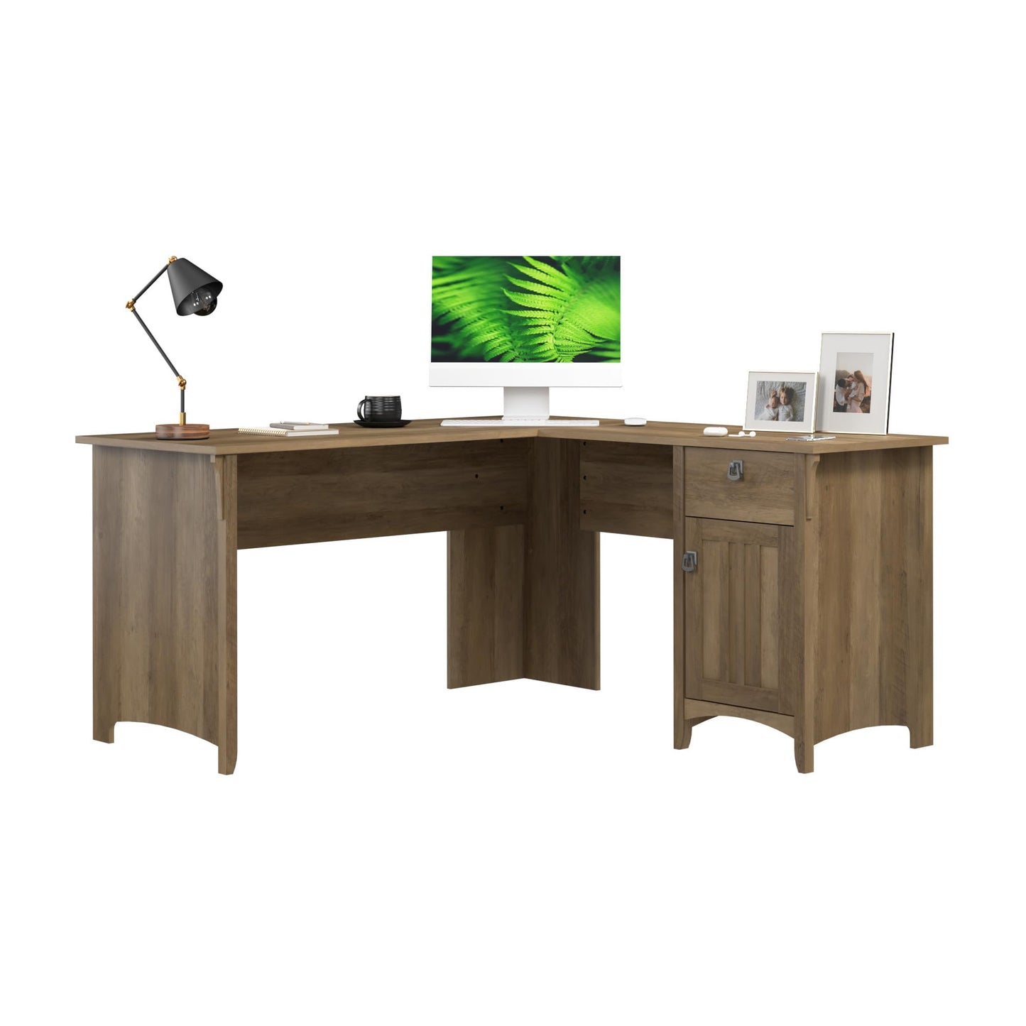 Bush Home L Shaped Desk with Storage for Home Office, Modern Farmhouse Corner Table with Drawers and Cabinets, Salinas Collection, Reclaimed Pine
