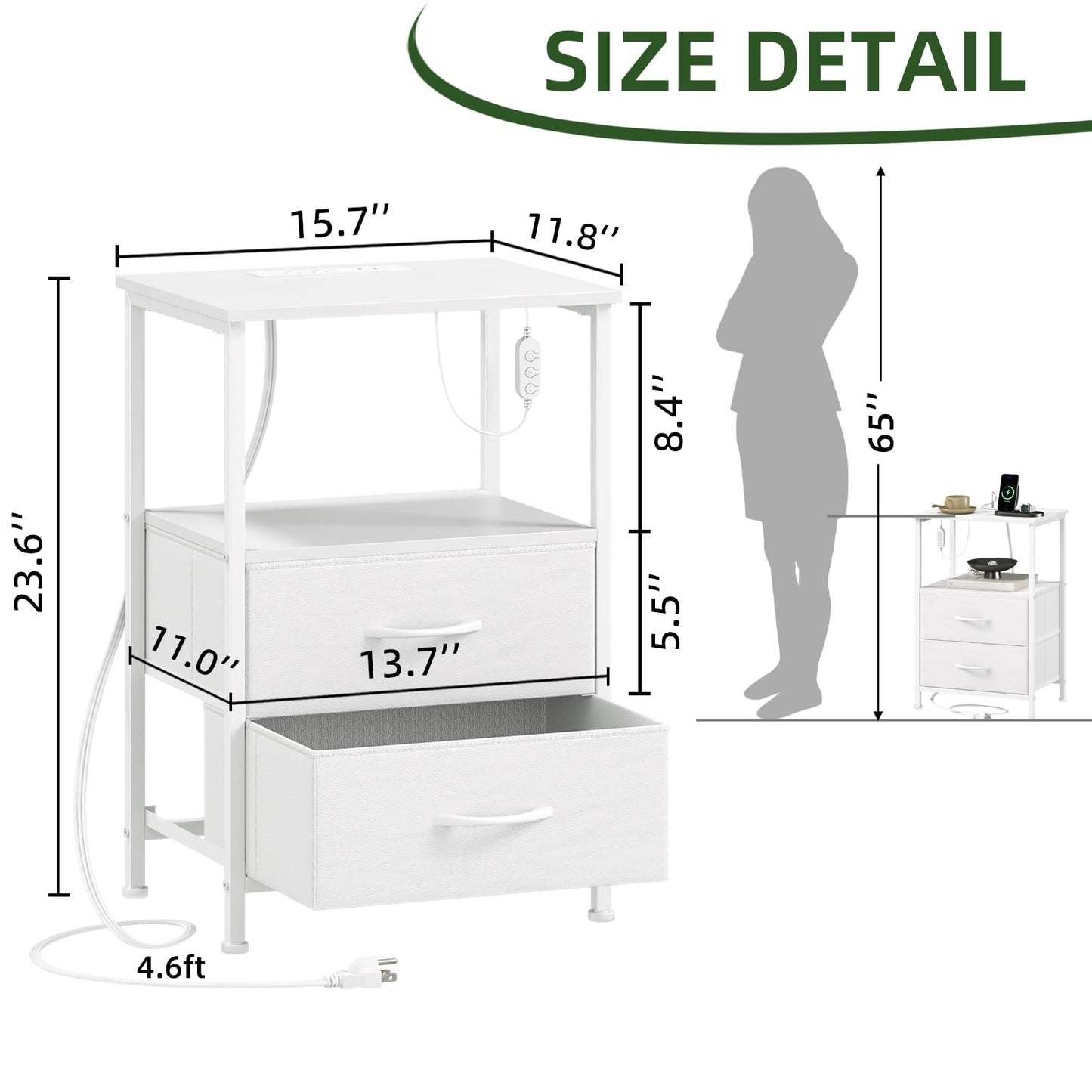 Somdot White Nightstand with Charging Station and LED Light for Bedroom, 2 Drawers Dresser with Fabric Bins for Bedside Kids Dorm Room Closet Laundry Entryway, White Leather