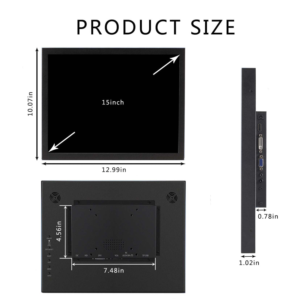 VSDISPLAY 15 Inch 1024x768 IPS LCD Monitor 4:3 Aspect Ratio Display with Metal Housing,Supports VGA/DVI Input,for Industrial/Gaming Extra Monitor