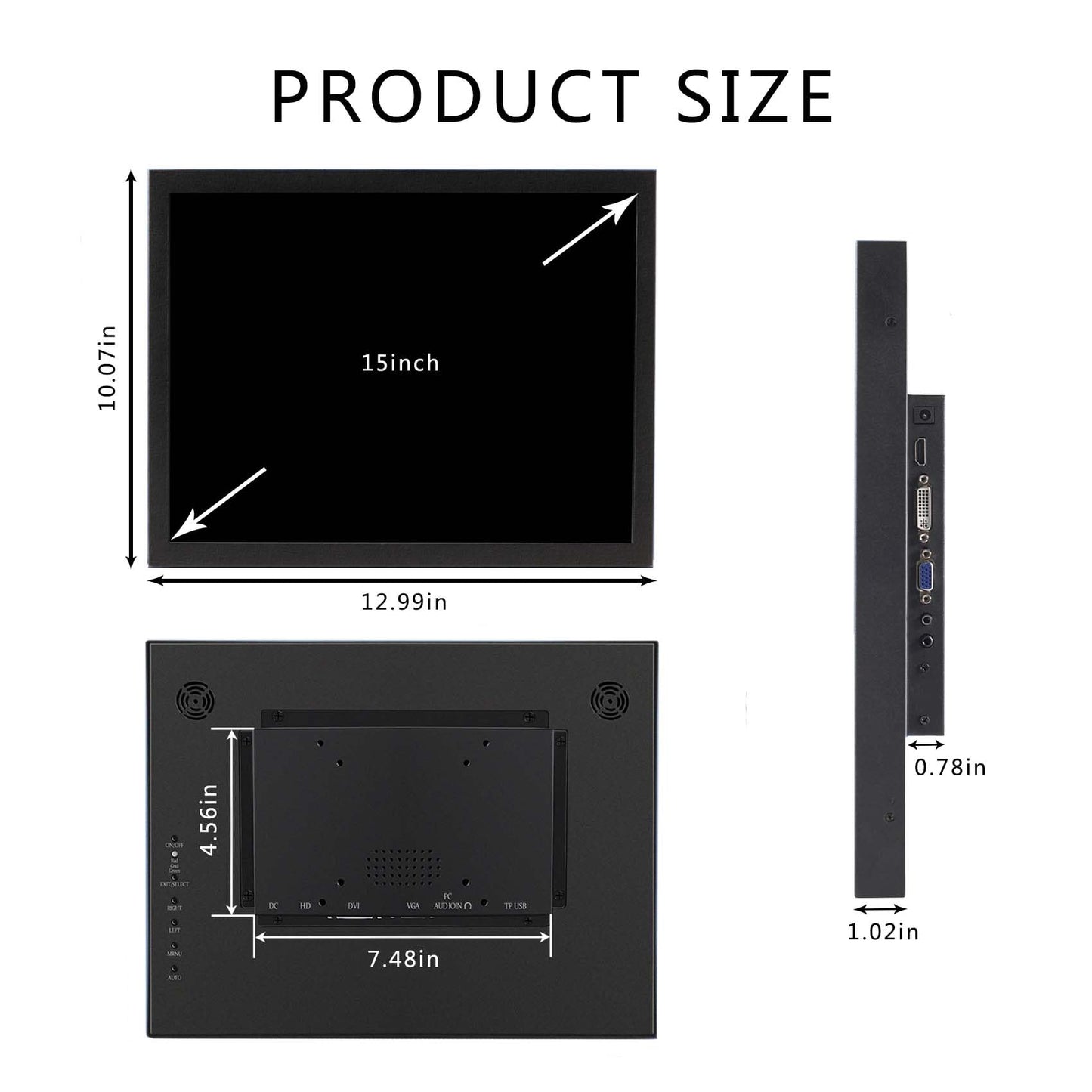 VSDISPLAY 15 Inch 1024x768 LCD Monitor 1000 Nits High Brightness IPS Screen with H/D DVI VGA as Outdoor Industrial Extra Display