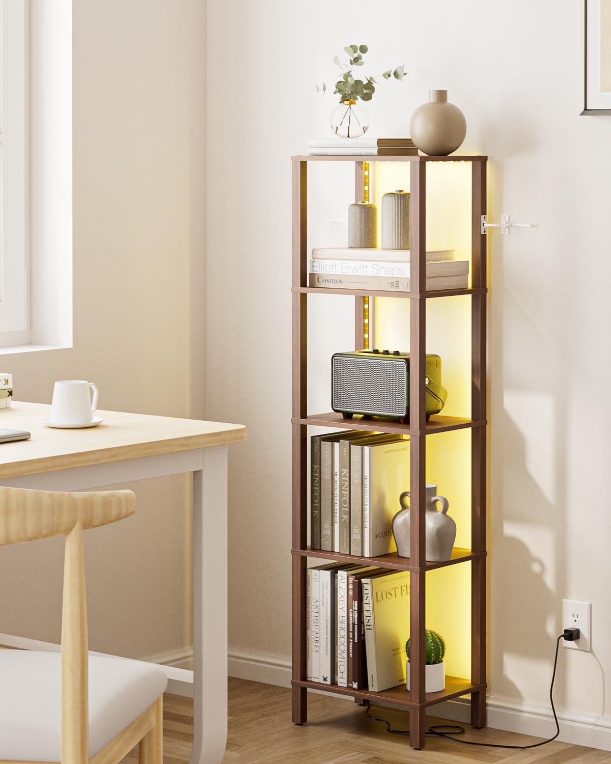 Apetaccat Open Book Shelf with LED Lights, 5 Tier Tall Bookshelf, Freestanding Shelf Narrow Bookcase with Open Shelves, 14.96" x 10.63" x 53.54", Book Shelves for Living Room, Office, Study, Walnut